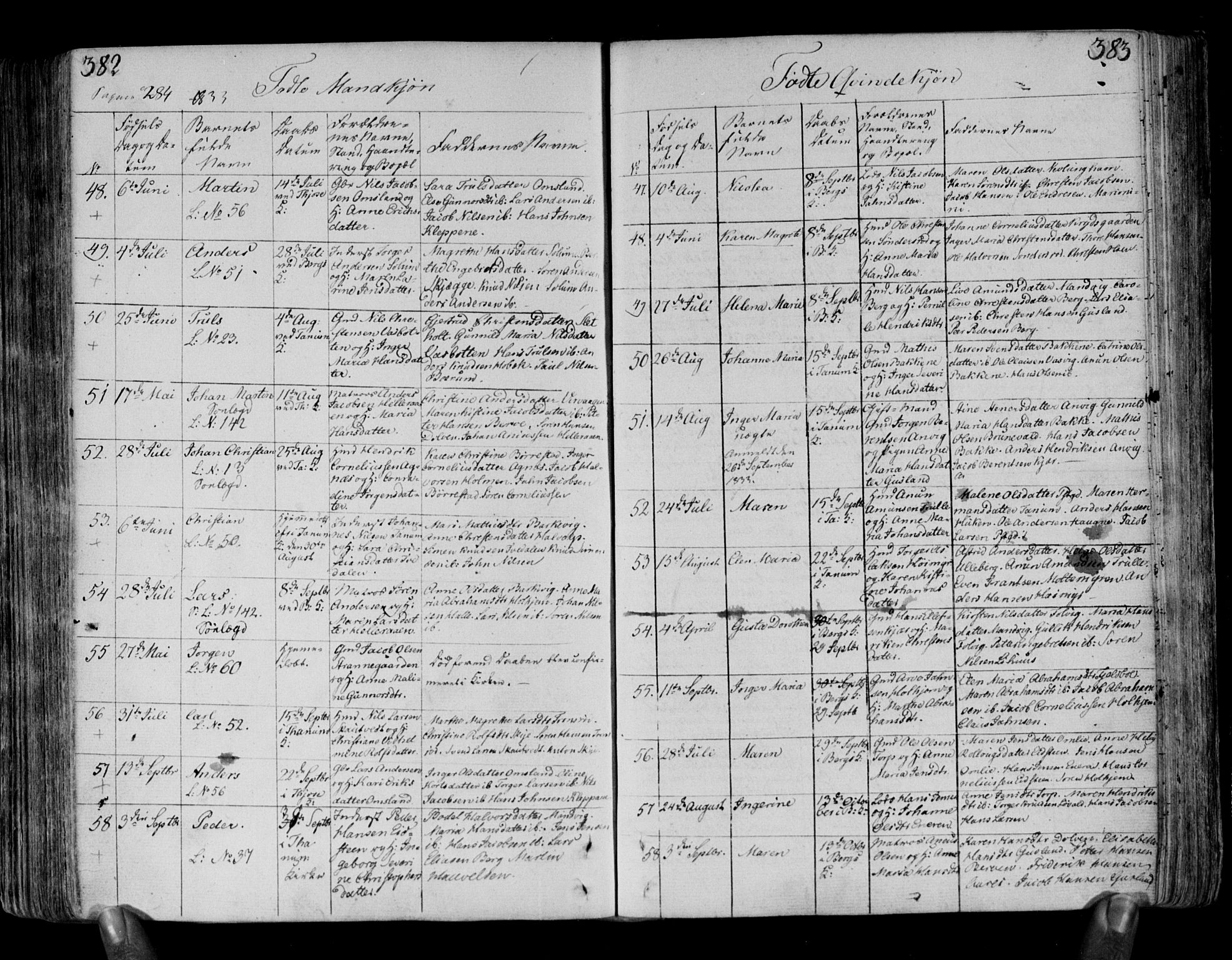 Brunlanes kirkebøker, SAKO/A-342/F/Fa/L0002: Parish register (official) no. I 2, 1802-1834, p. 382-383