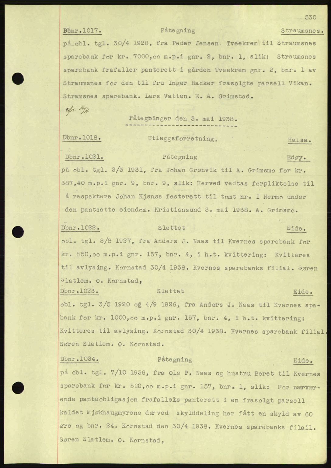 Nordmøre sorenskriveri, AV/SAT-A-4132/1/2/2Ca: Mortgage book no. C80, 1936-1939, Diary no: : 1017/1938