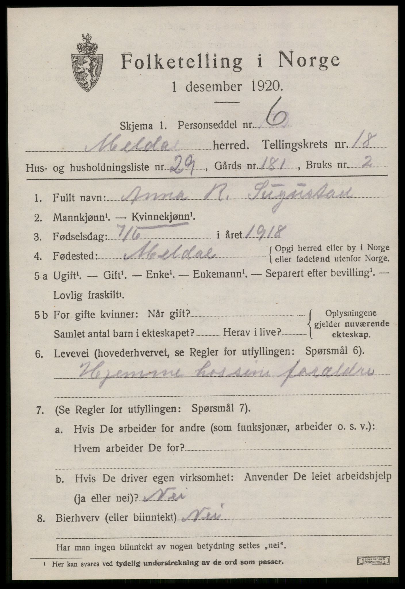 SAT, 1920 census for Meldal, 1920, p. 11723