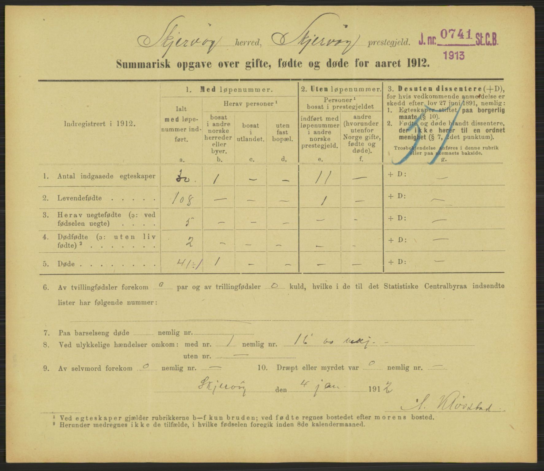 Statistisk sentralbyrå, Sosiodemografiske emner, Befolkning, RA/S-2228/D/Df/Dfb/Dfbb/L0052: Summariske oppgaver over gifte, fødte og døde for hele landet., 1912, p. 1511