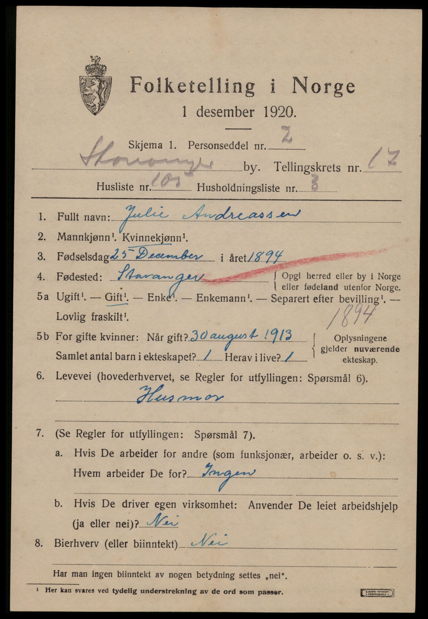 SAST, 1920 census for Stavanger, 1920, p. 66656