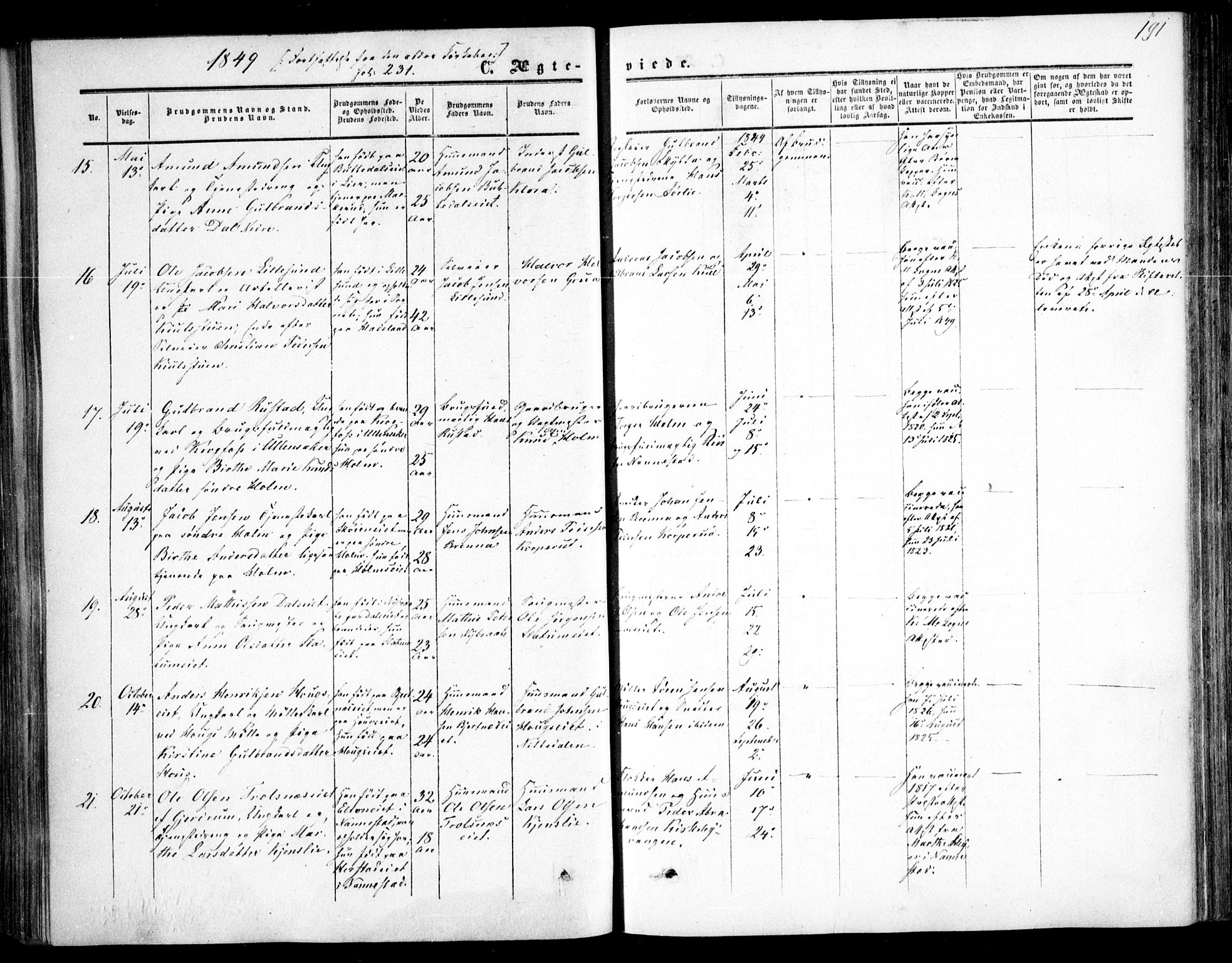Nittedal prestekontor Kirkebøker, AV/SAO-A-10365a/F/Fa/L0005: Parish register (official) no. I 5, 1850-1862, p. 191