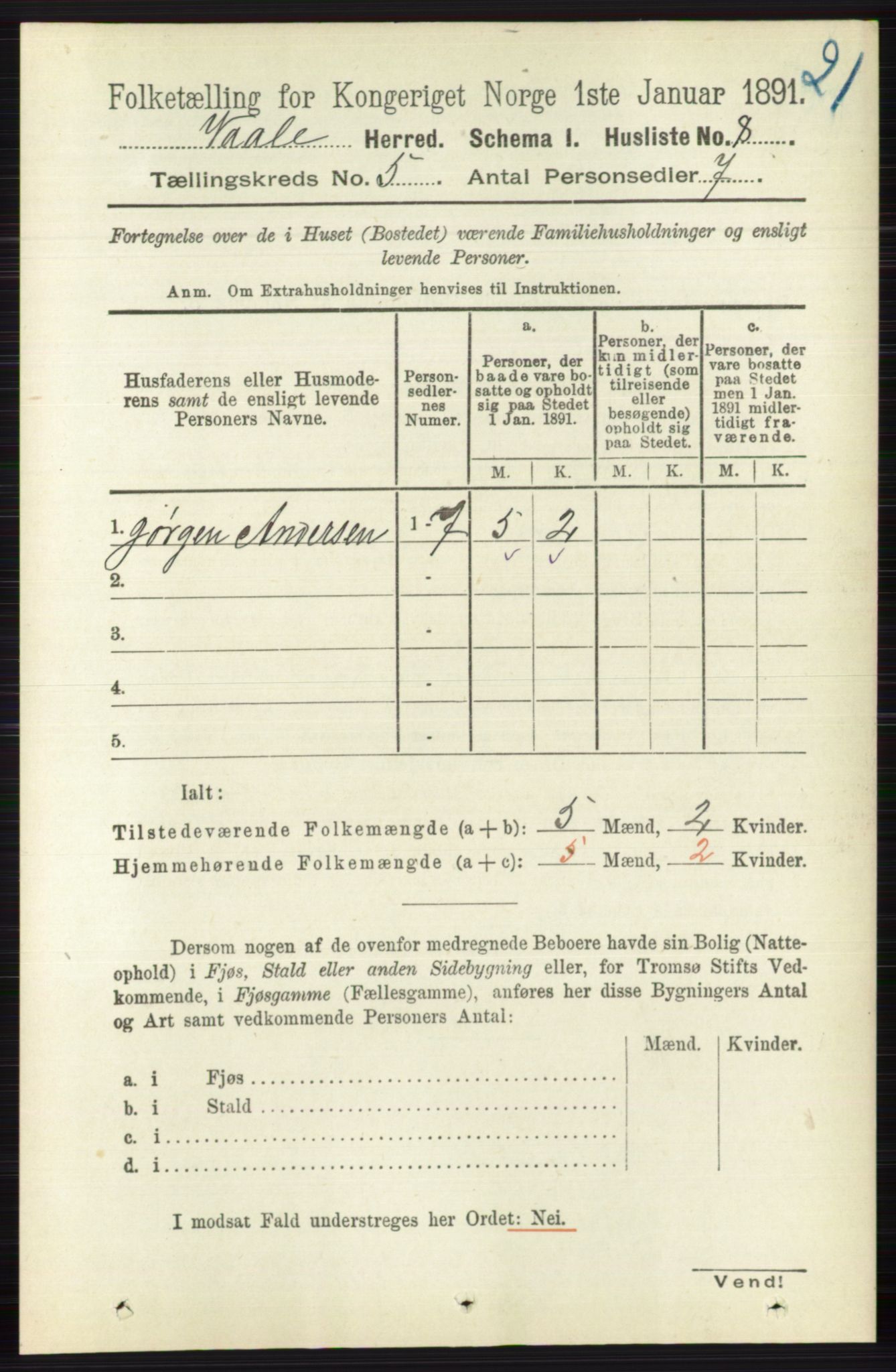 RA, 1891 census for 0716 Våle, 1891, p. 1307