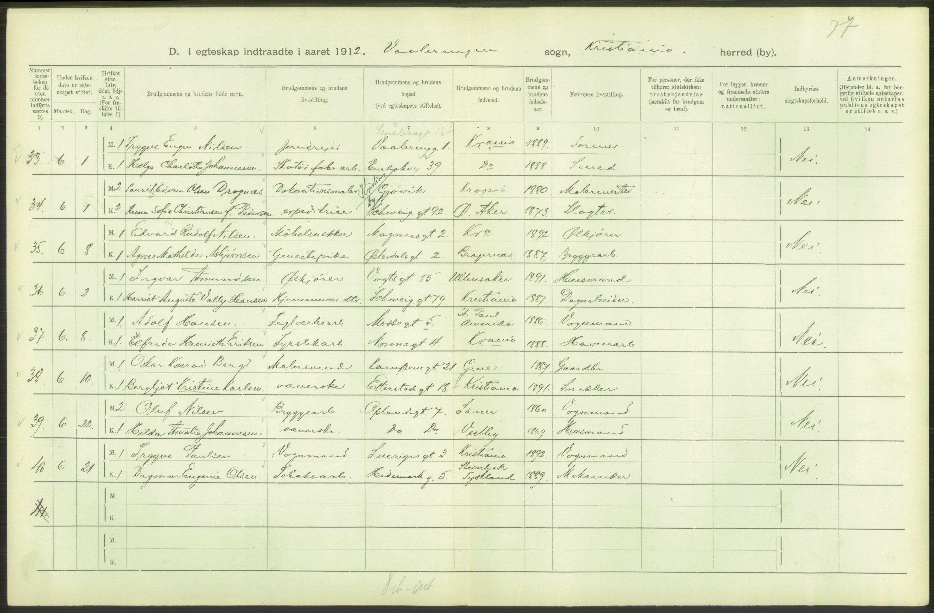 Statistisk sentralbyrå, Sosiodemografiske emner, Befolkning, AV/RA-S-2228/D/Df/Dfb/Dfbb/L0008: Kristiania: Gifte, 1912, p. 130