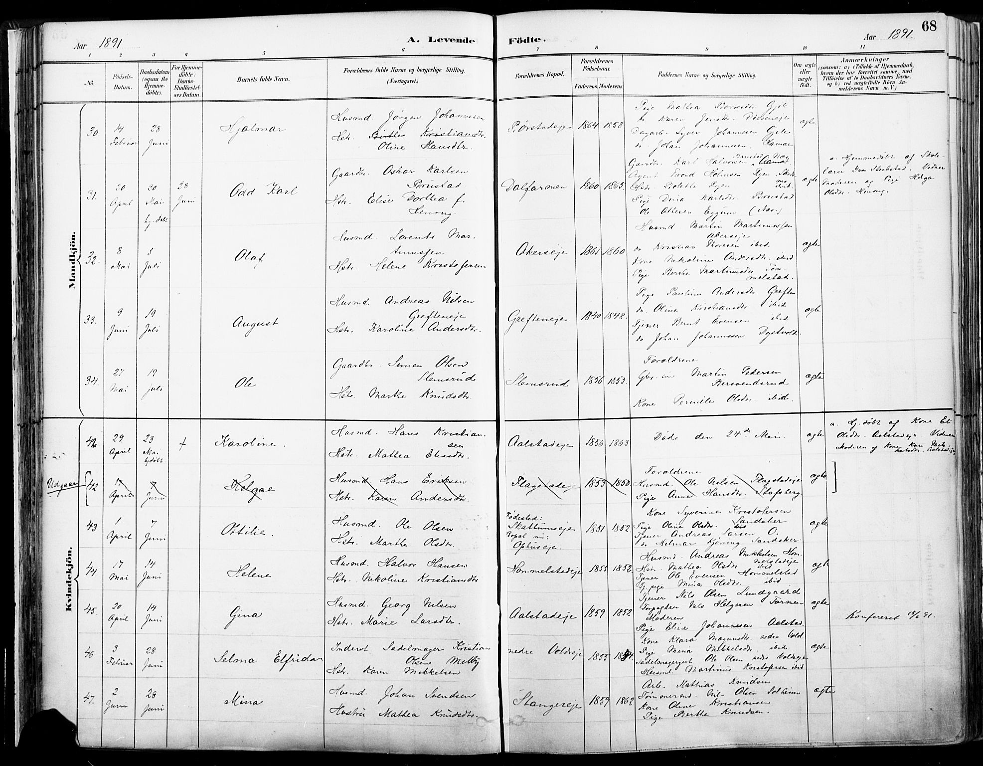 Vang prestekontor, Hedmark, AV/SAH-PREST-008/H/Ha/Haa/L0019A: Parish register (official) no. 19, 1886-1900, p. 68