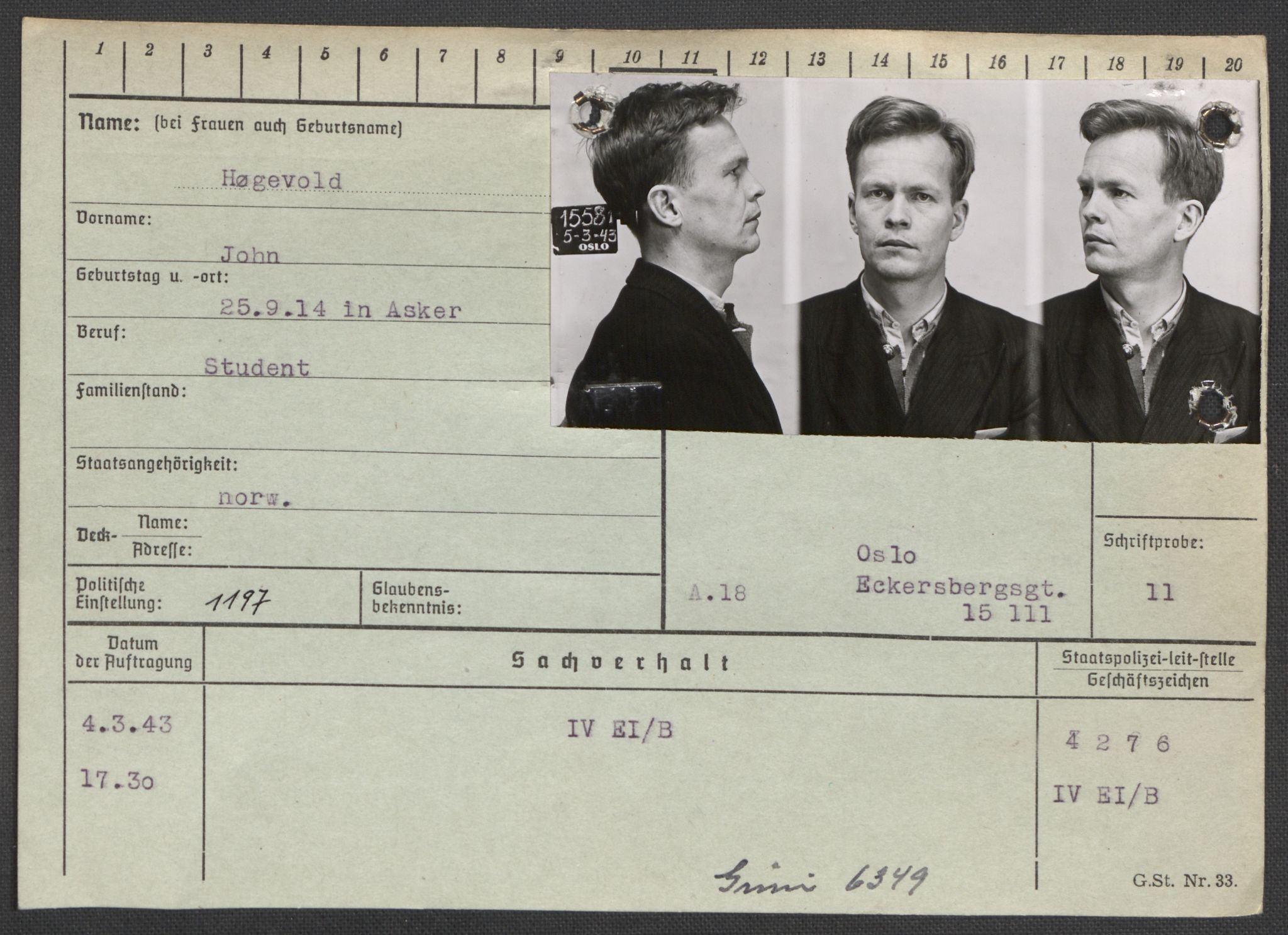 Befehlshaber der Sicherheitspolizei und des SD, AV/RA-RAFA-5969/E/Ea/Eaa/L0005: Register over norske fanger i Møllergata 19: Hø-Kj, 1940-1945, p. 14