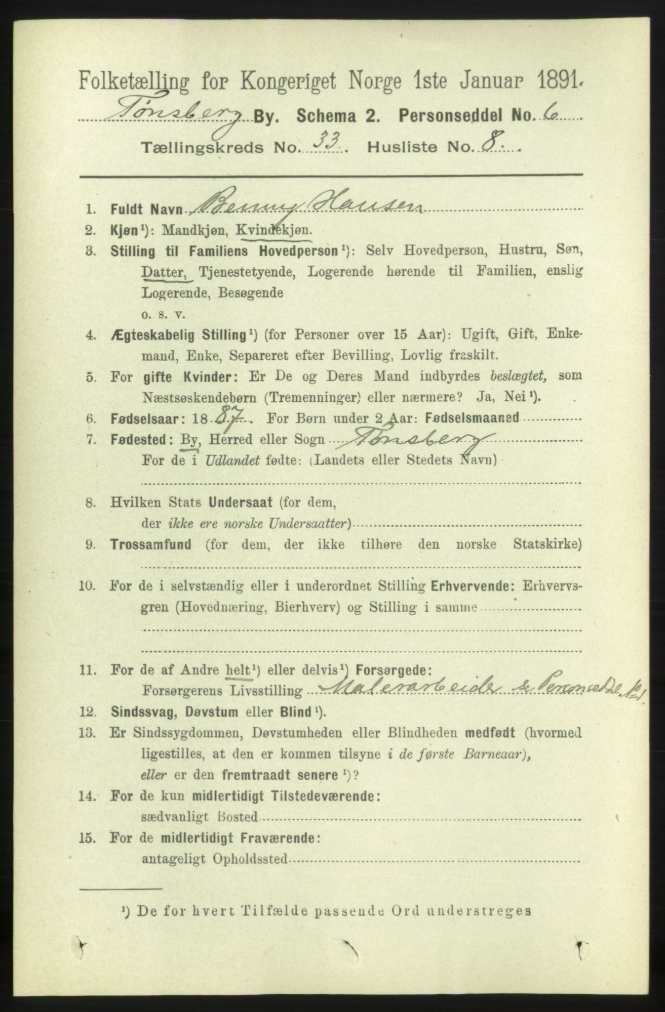 RA, 1891 census for 0705 Tønsberg, 1891, p. 7648