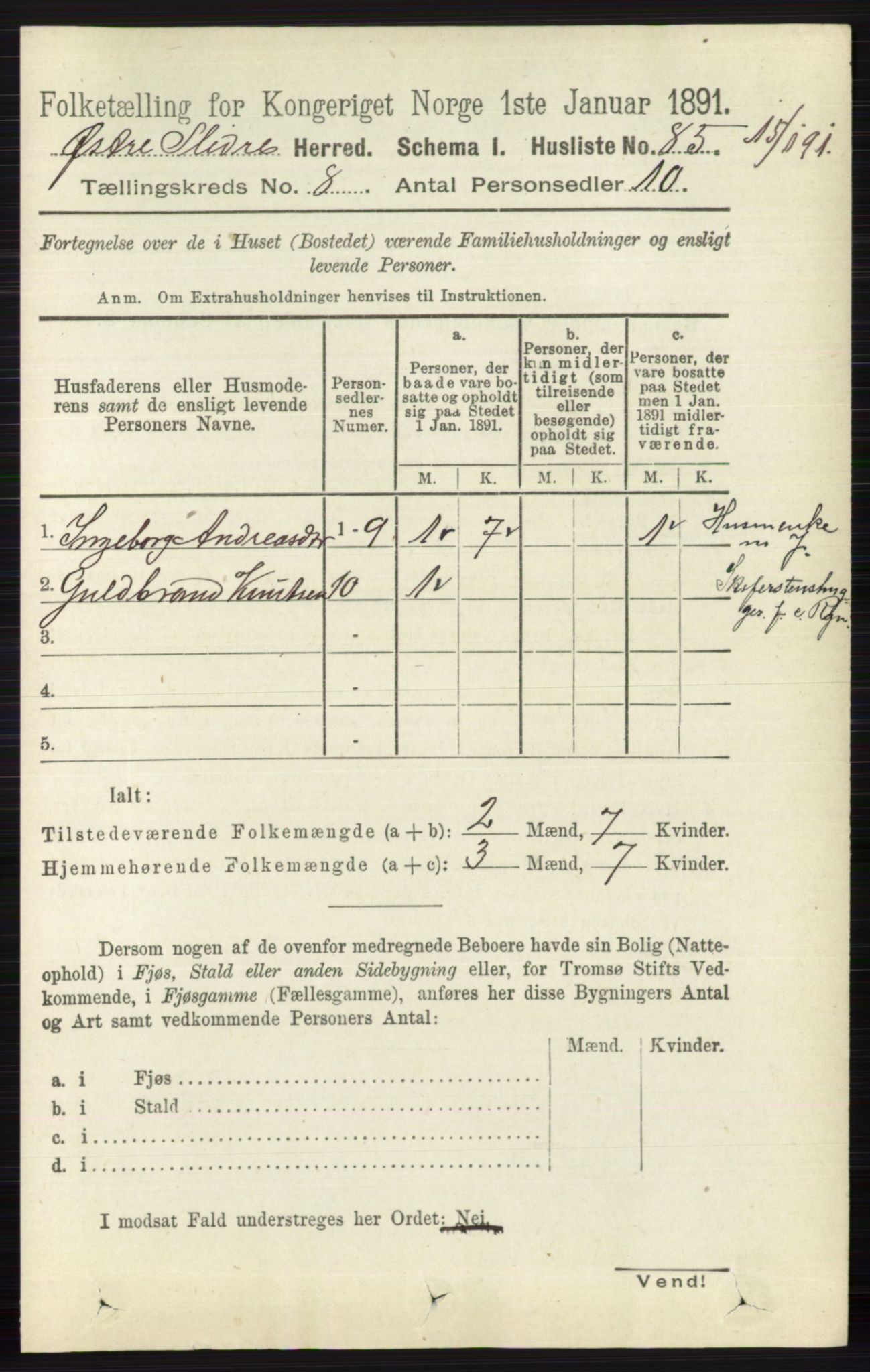 RA, 1891 census for 0544 Øystre Slidre, 1891, p. 2546