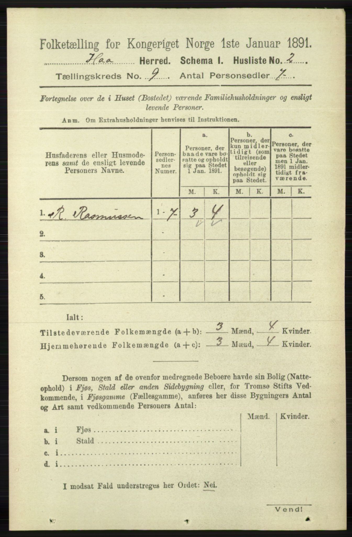 RA, 1891 census for 1119 Hå, 1891, p. 2167