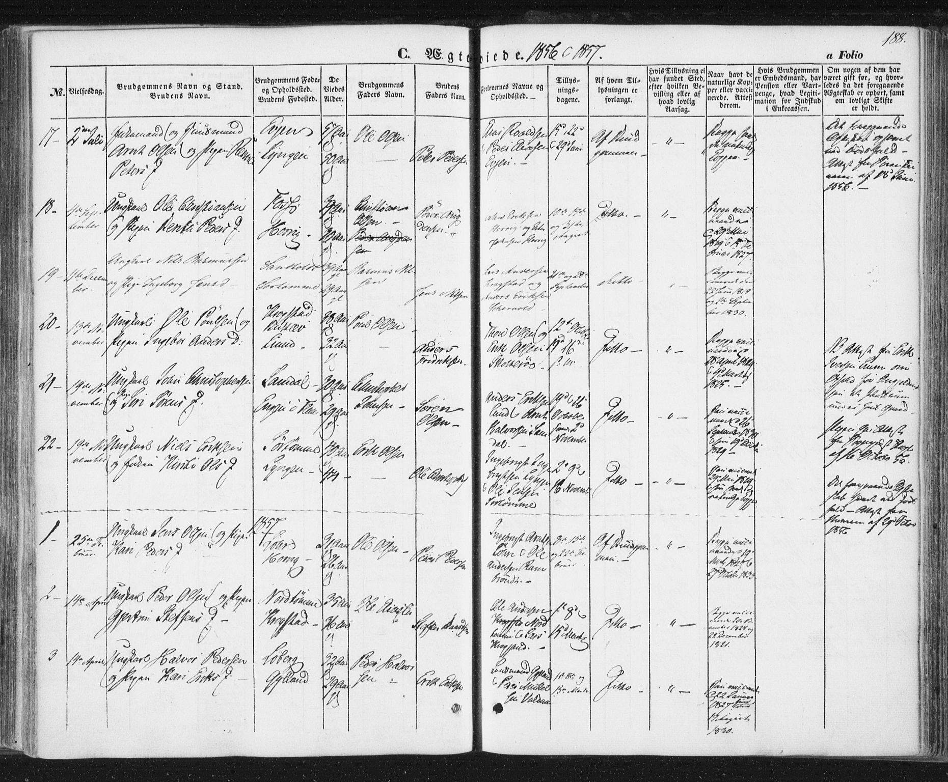 Ministerialprotokoller, klokkerbøker og fødselsregistre - Sør-Trøndelag, SAT/A-1456/692/L1103: Parish register (official) no. 692A03, 1849-1870, p. 188