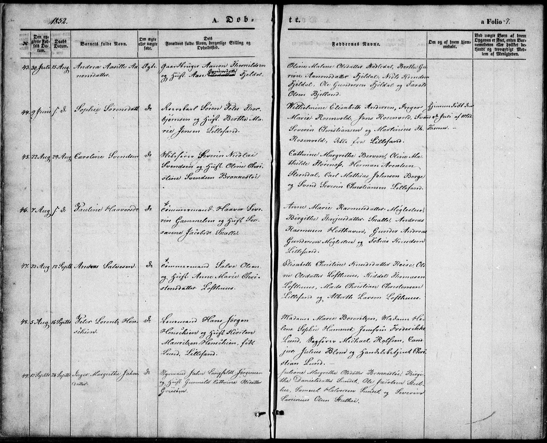 Vestre Moland sokneprestkontor, AV/SAK-1111-0046/F/Fb/Fbb/L0003: Parish register (copy) no. B 3, 1851-1861, p. 7