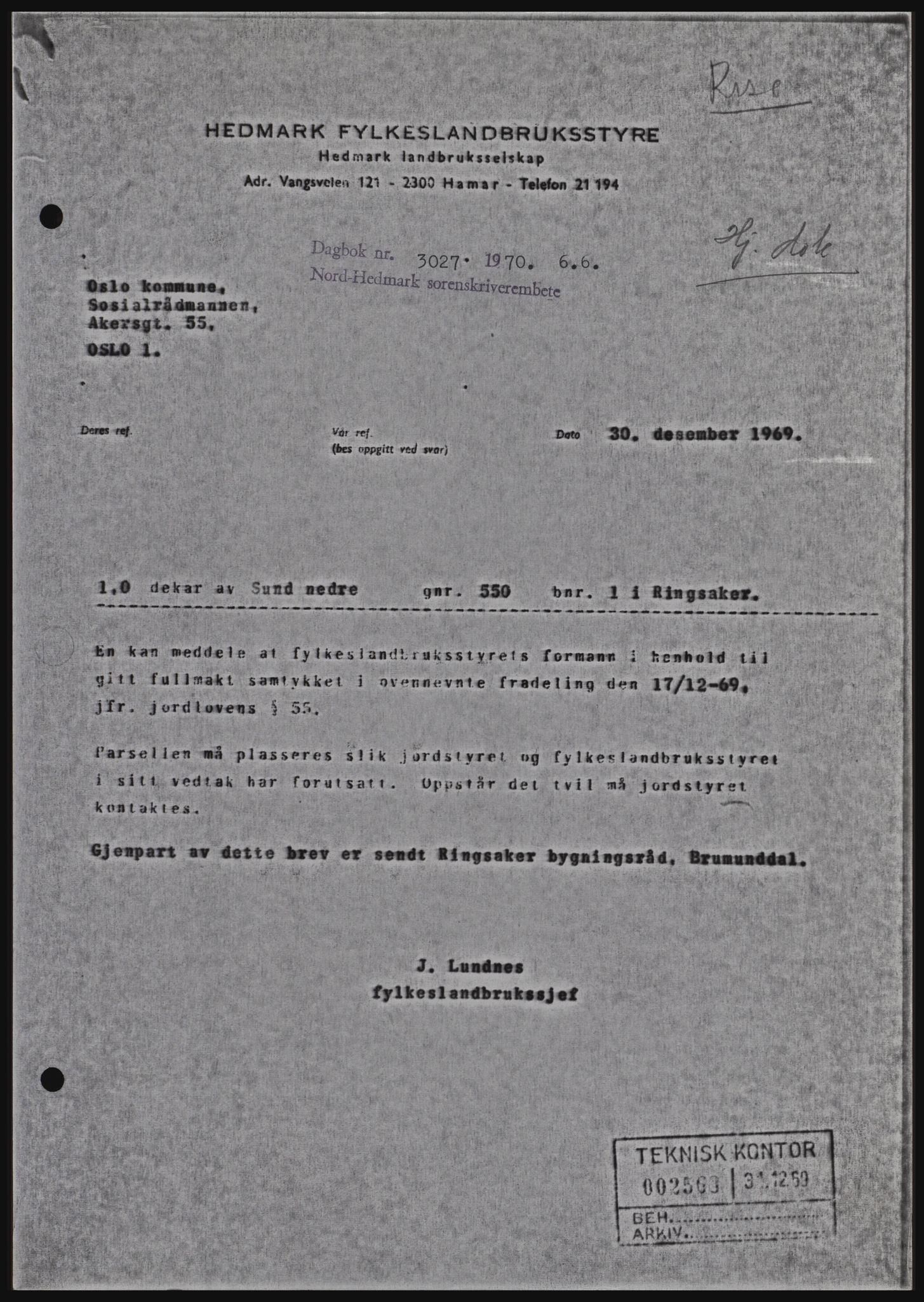 Nord-Hedmark sorenskriveri, SAH/TING-012/H/Hc/L0033: Mortgage book no. 33, 1970-1970, Diary no: : 3027/1970