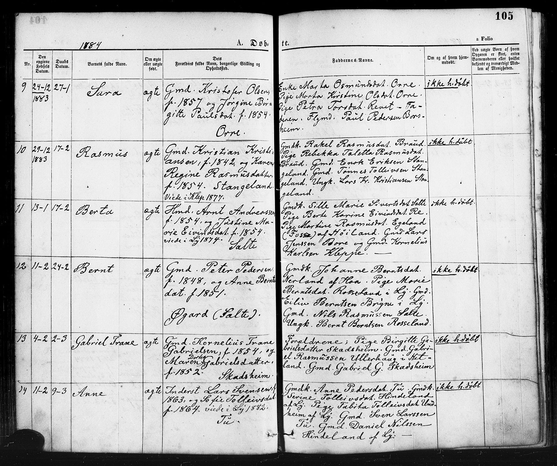 Klepp sokneprestkontor, AV/SAST-A-101803/001/3/30BA/L0006: Parish register (official) no. A 6, 1871-1885, p. 105