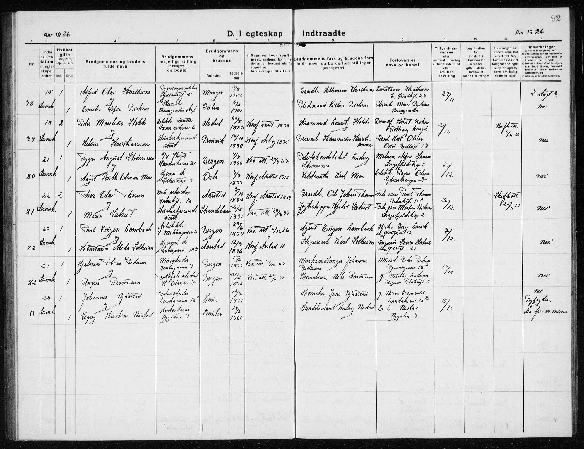 Årstad Sokneprestembete, AV/SAB-A-79301/H/Hab/L0020: Parish register (copy) no. C  2, 1920-1935, p. 92