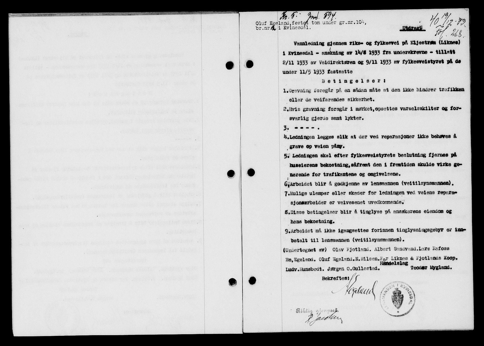 Flekkefjord sorenskriveri, AV/SAK-1221-0001/G/Gb/Gba/L0049: Mortgage book no. 46, 1933-1934, Deed date: 19.12.1933