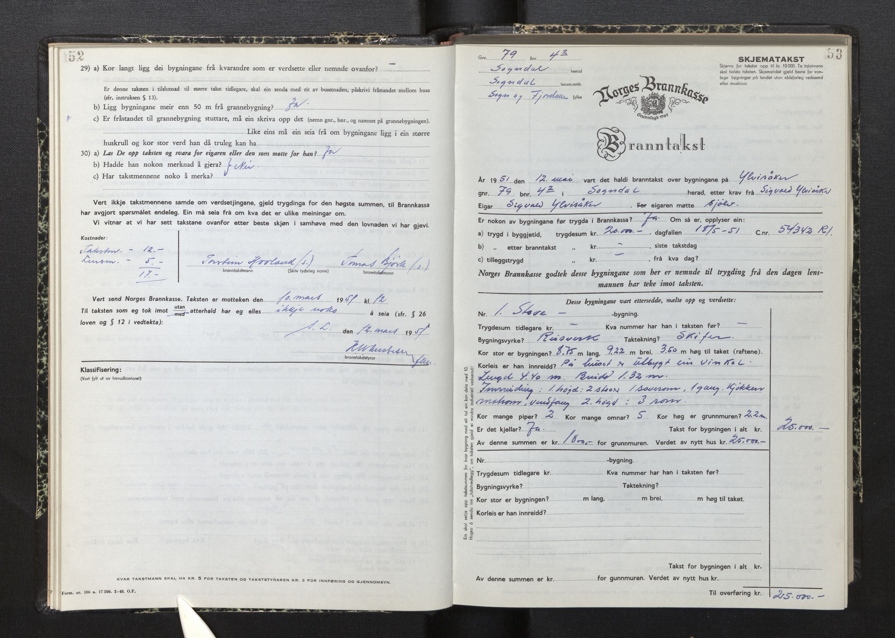 Lensmannen i Sogndal, AV/SAB-A-29901/0012/L0015: Branntakstprotokoll, skjematakst, 1950-1955, p. 52-53