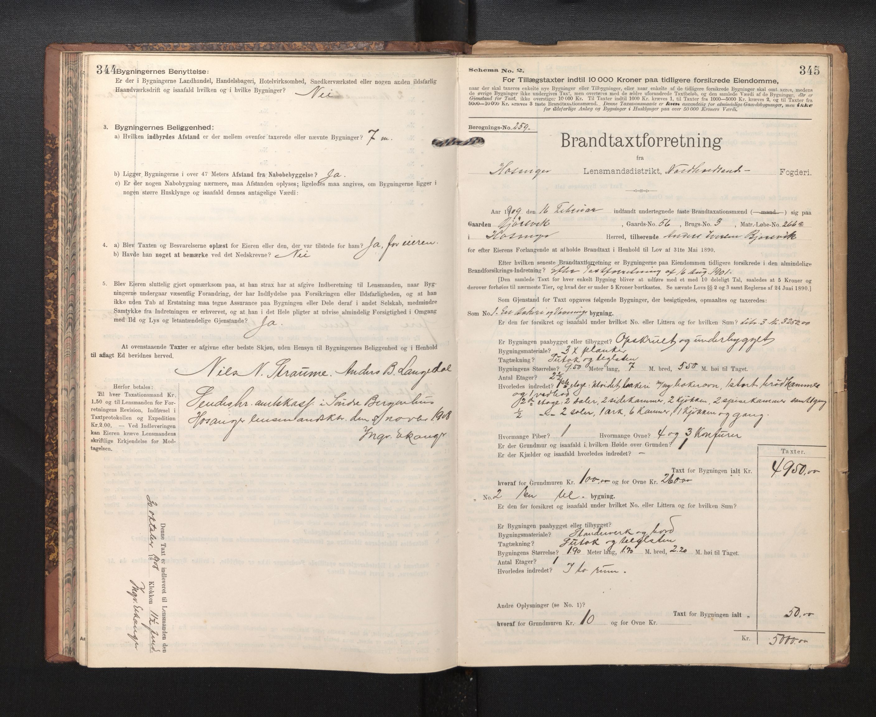Lensmannen i Hosanger, SAB/A-33001/0012/L0005: Branntakstprotokoll, skjematakst, 1905-1916, p. 344-345