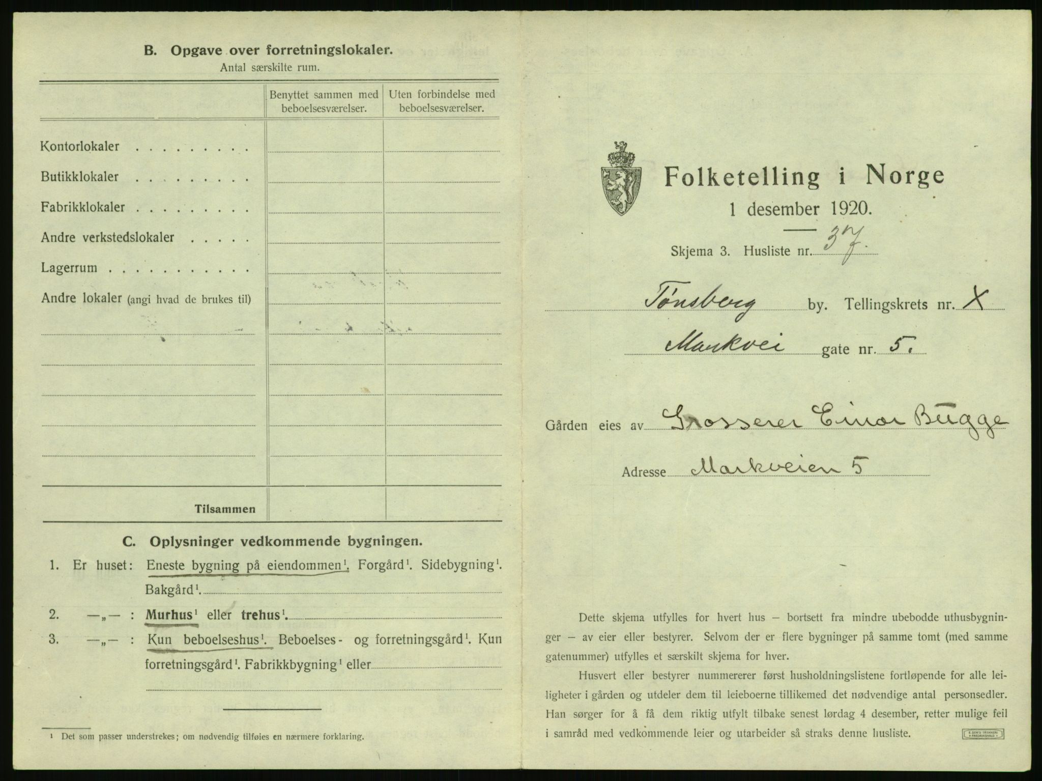 SAKO, 1920 census for Tønsberg, 1920, p. 1137