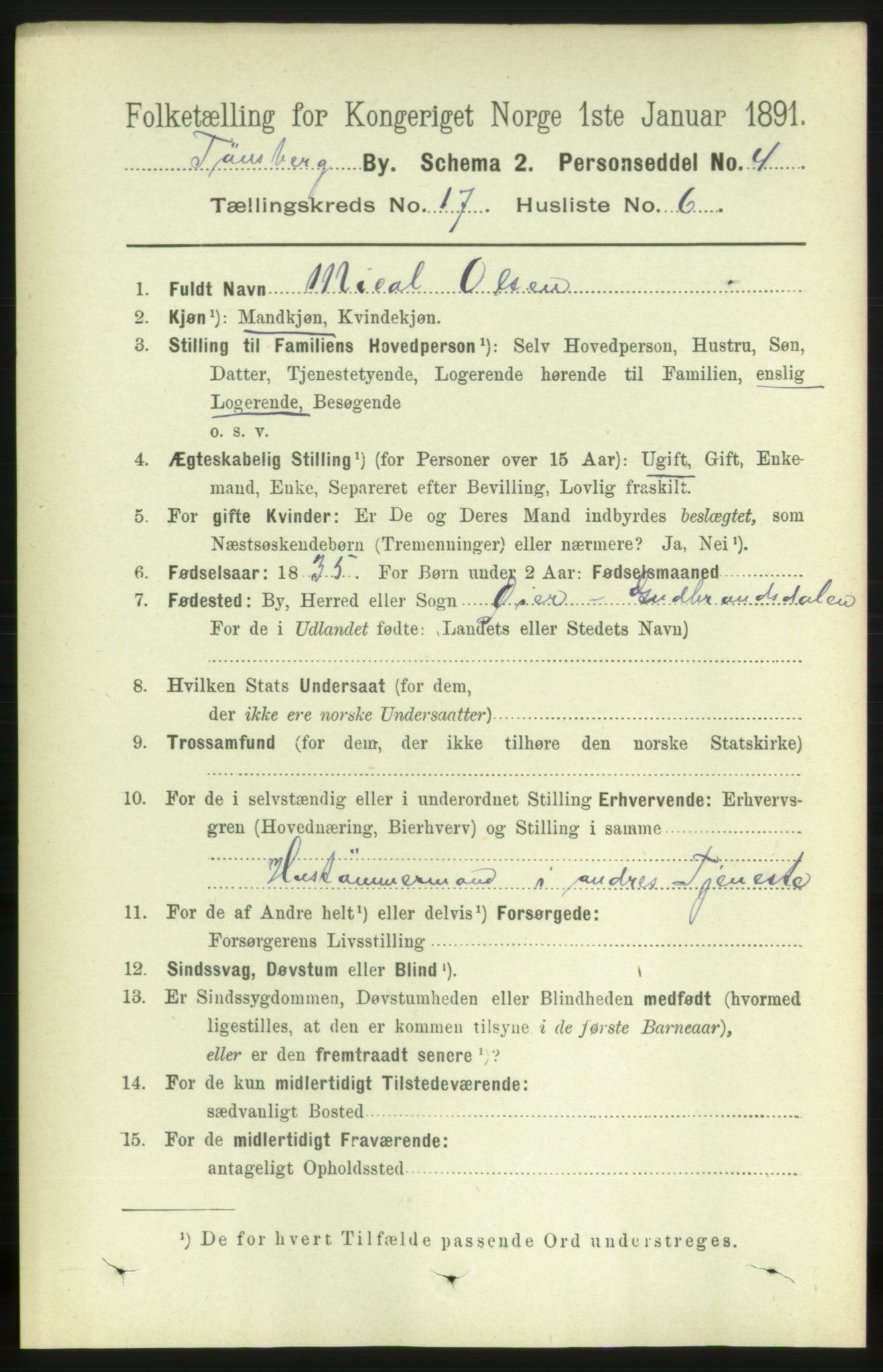 RA, 1891 census for 0705 Tønsberg, 1891, p. 5018