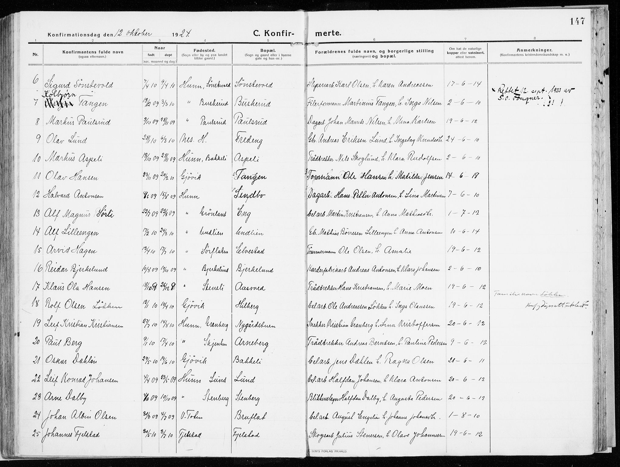 Vardal prestekontor, SAH/PREST-100/H/Ha/Haa/L0017: Parish register (official) no. 17, 1915-1929, p. 147