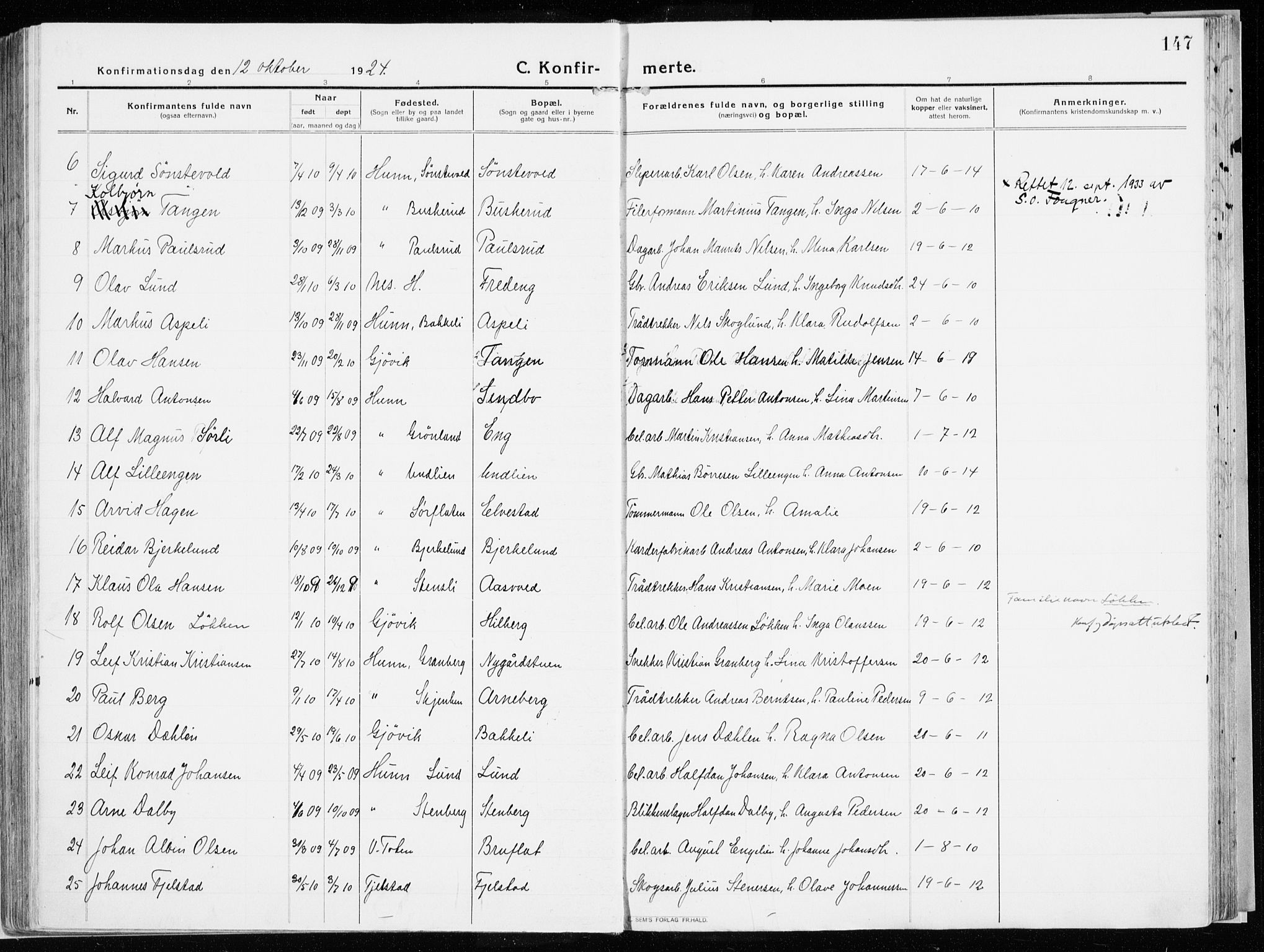 Vardal prestekontor, AV/SAH-PREST-100/H/Ha/Haa/L0017: Parish register (official) no. 17, 1915-1929, p. 147