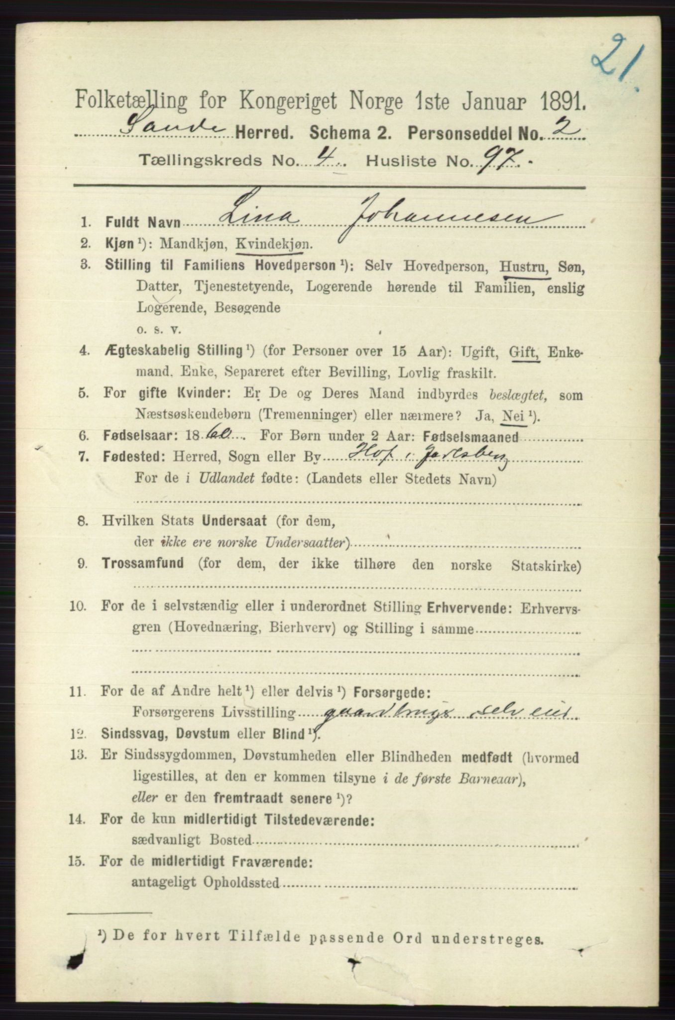 RA, 1891 census for 0713 Sande, 1891, p. 2054