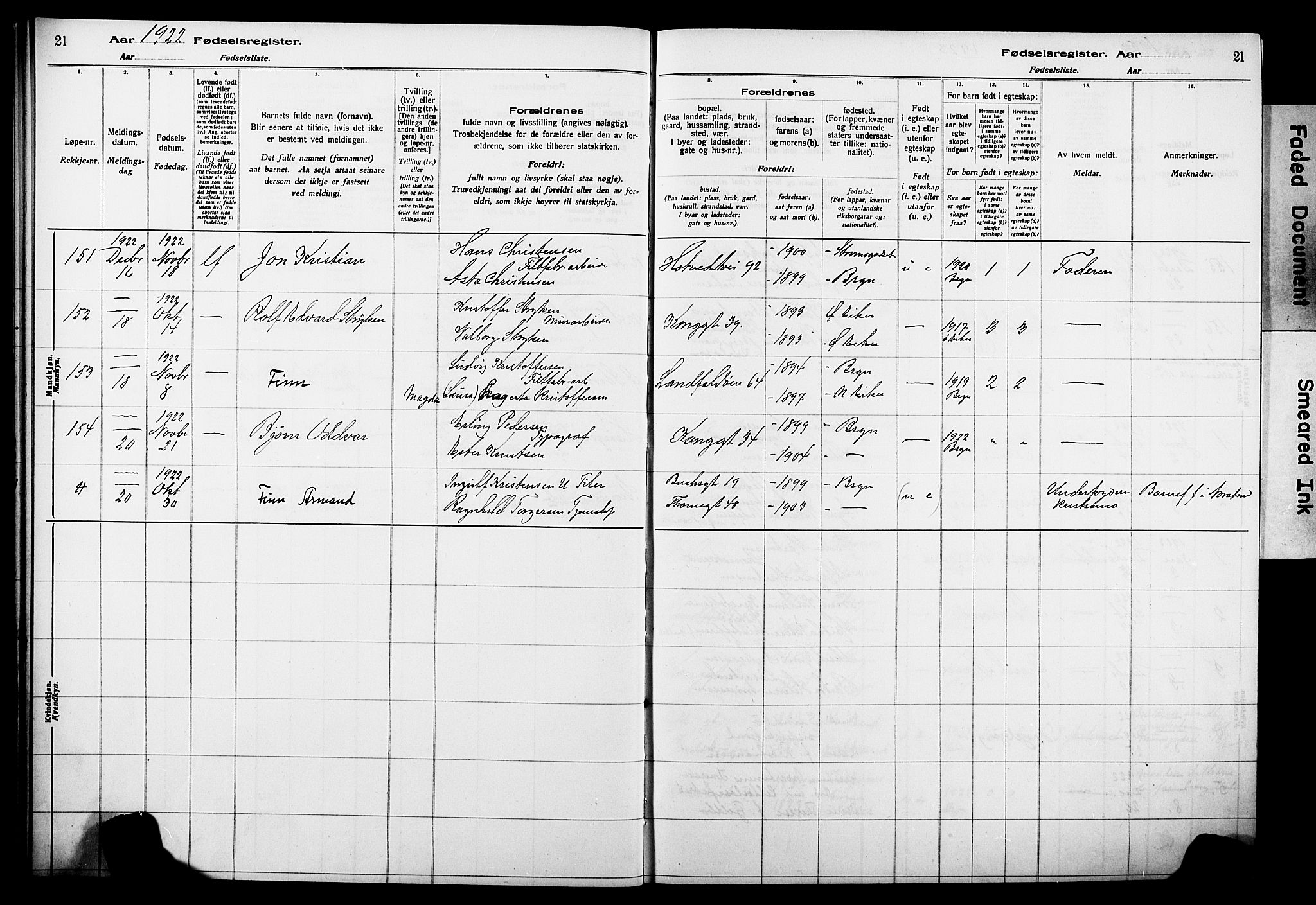 Bragernes kirkebøker, AV/SAKO-A-6/J/Ja/L0002: Birth register no. 2, 1922-1930, p. 21