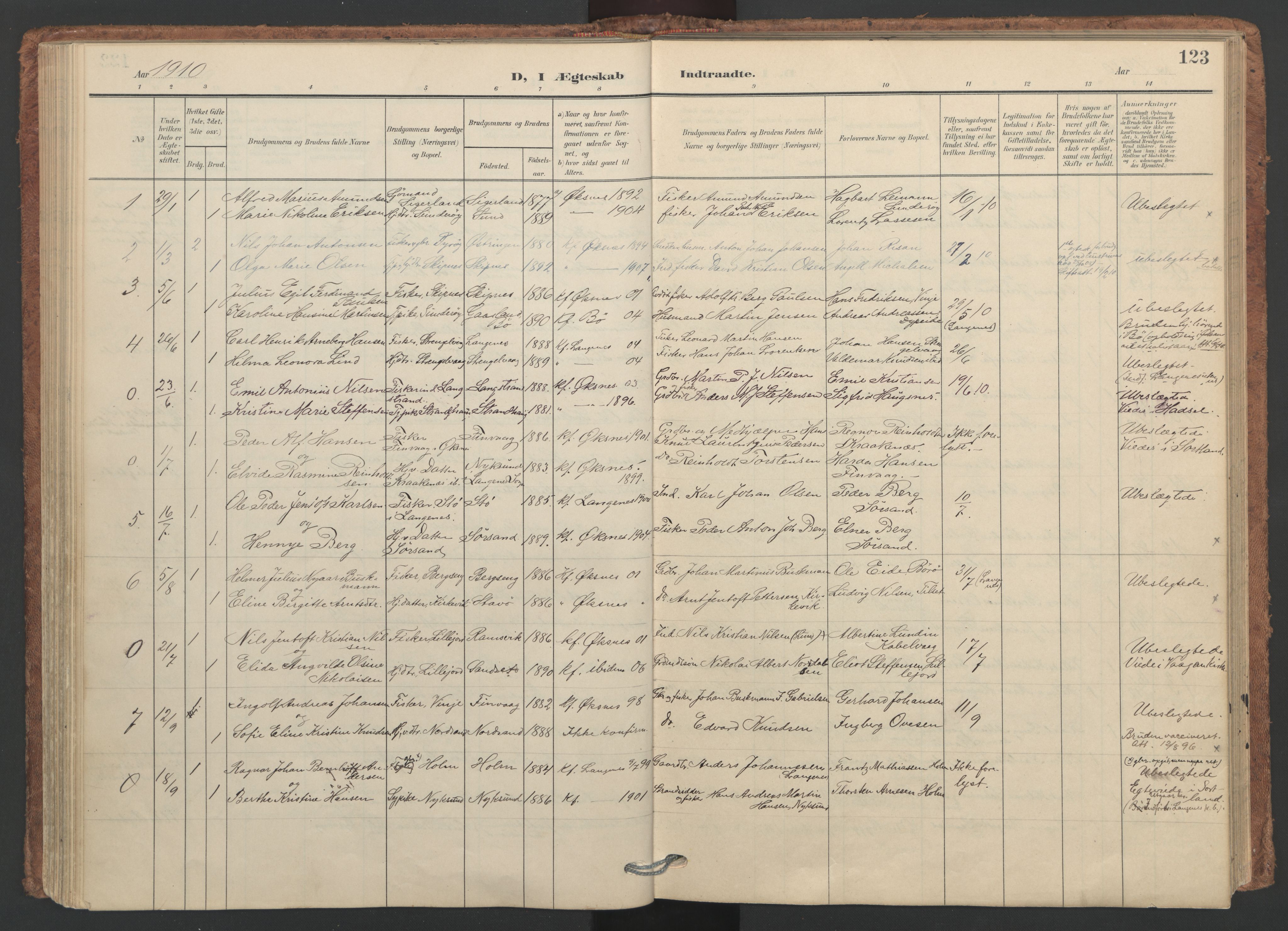 Ministerialprotokoller, klokkerbøker og fødselsregistre - Nordland, SAT/A-1459/893/L1339: Parish register (official) no. 893A11, 1904-1914, p. 123