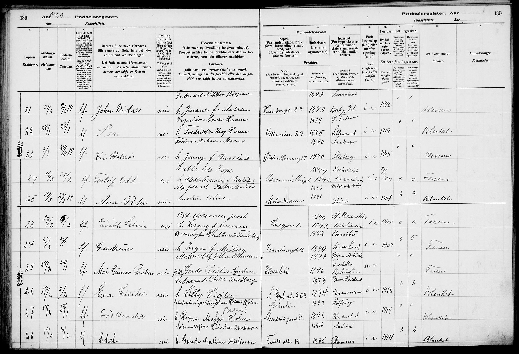 Rjukan kirkebøker, AV/SAKO-A-294/J/Ja/L0001: Birth register no. 1, 1916-1922, p. 139