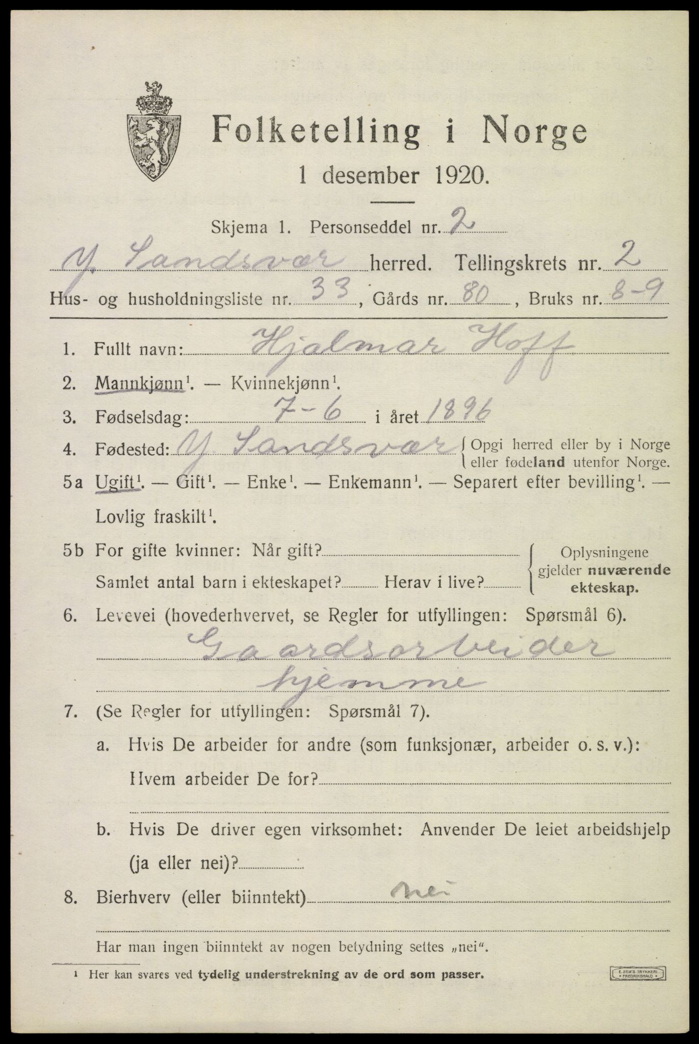 SAKO, 1920 census for Ytre Sandsvær, 1920, p. 3006