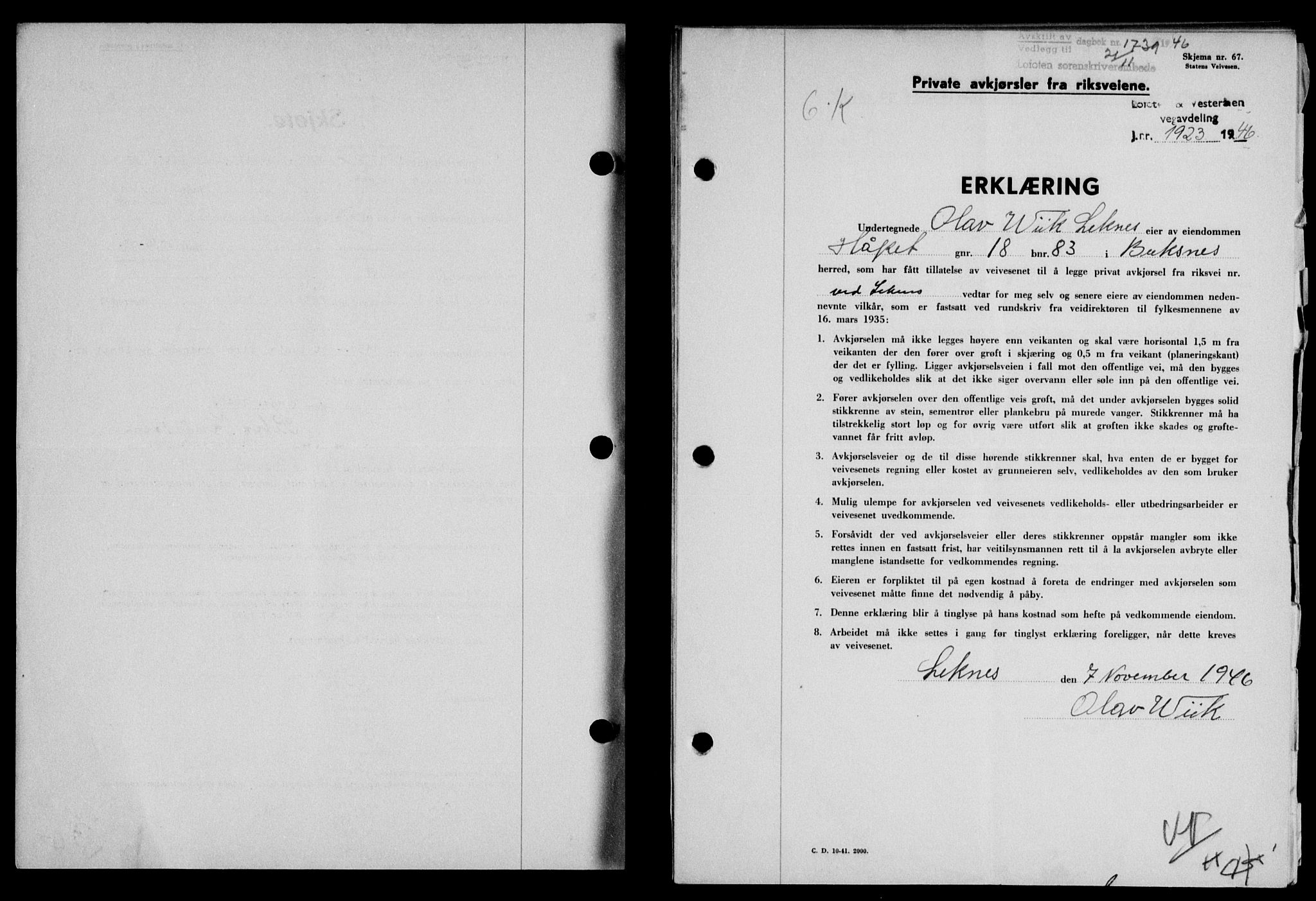 Lofoten sorenskriveri, SAT/A-0017/1/2/2C/L0015a: Mortgage book no. 15a, 1946-1947, Diary no: : 1739/1946