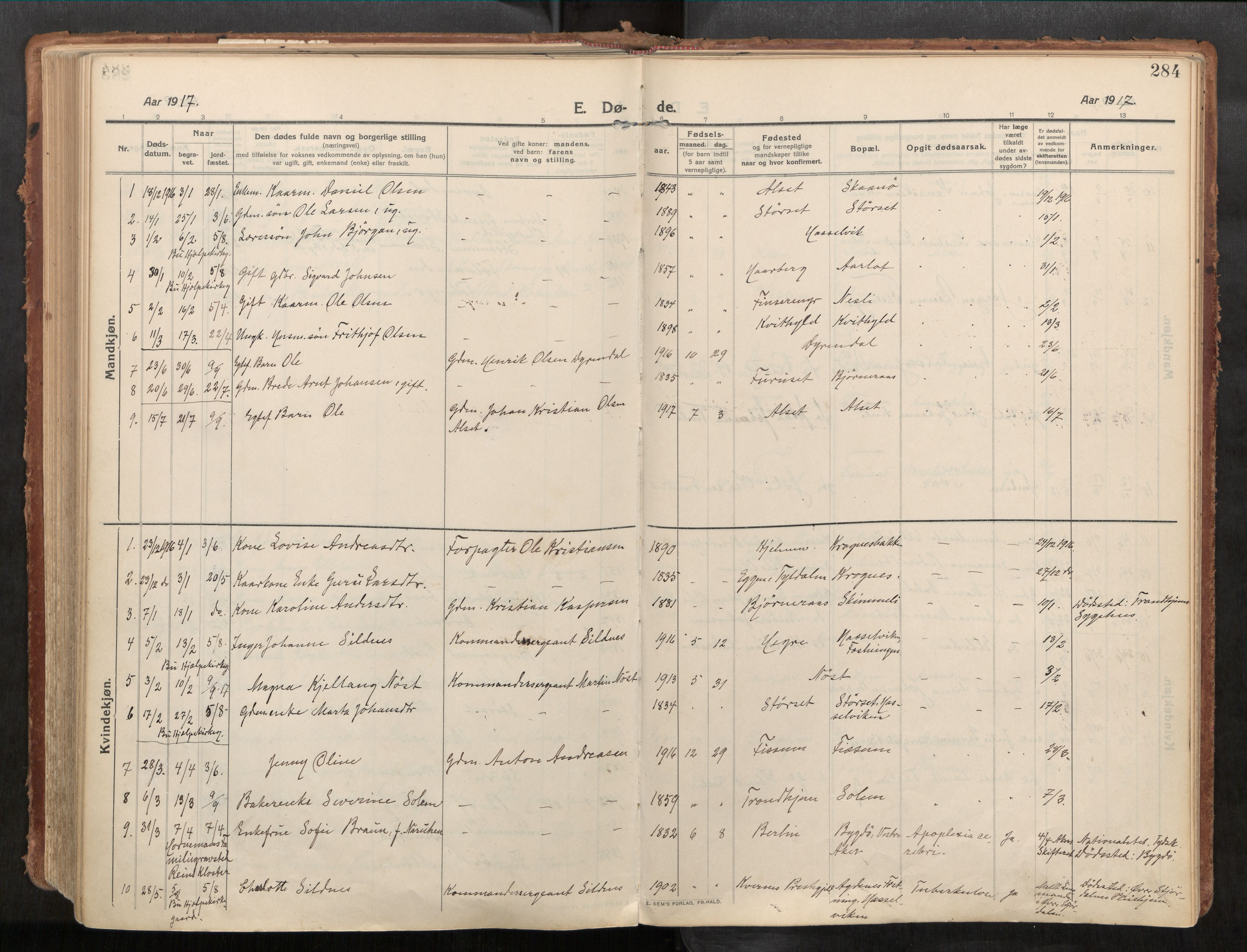 Stadsbygd sokneprestkontor, SAT/A-1117/1/I/I1/I1a/L0001: Parish register (official) no. 1, 1911-1929, p. 284