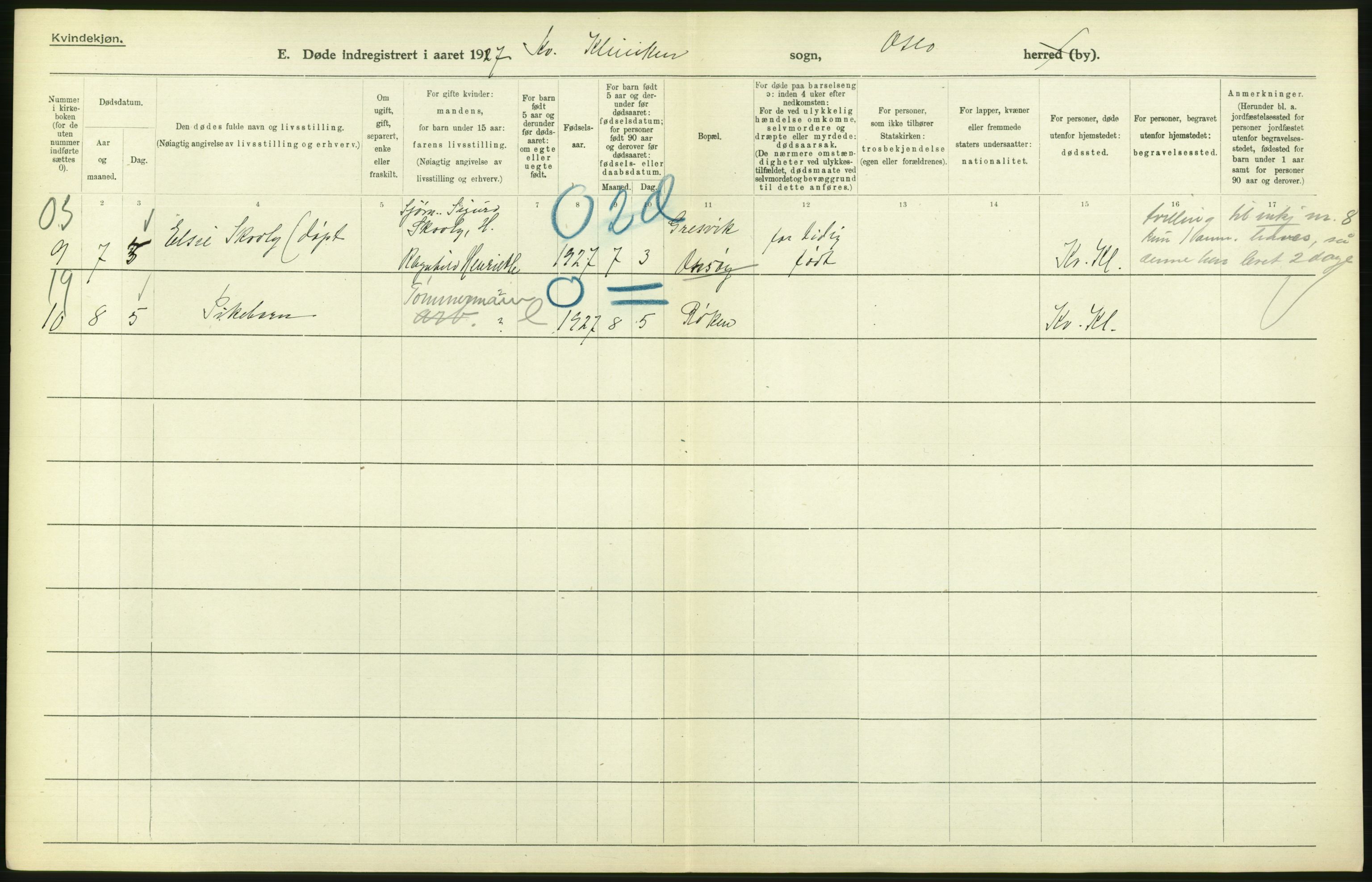 Statistisk sentralbyrå, Sosiodemografiske emner, Befolkning, AV/RA-S-2228/D/Df/Dfc/Dfcg/L0010: Oslo: Døde kvinner, dødfødte, 1927, p. 616