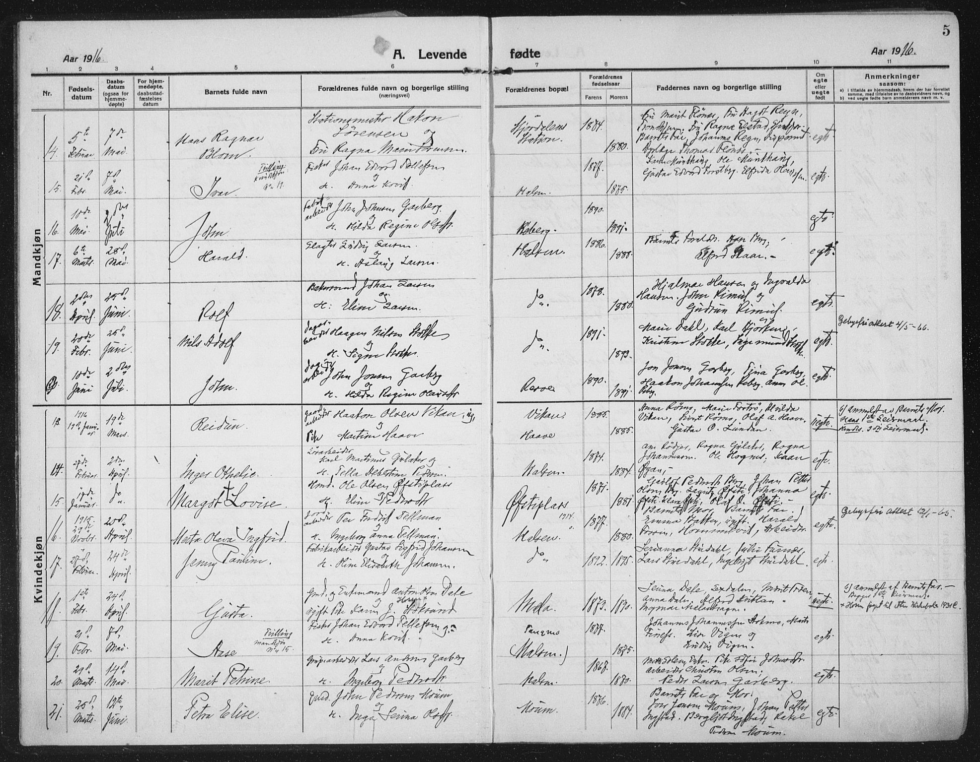 Ministerialprotokoller, klokkerbøker og fødselsregistre - Nord-Trøndelag, AV/SAT-A-1458/709/L0083: Parish register (official) no. 709A23, 1916-1928, p. 5