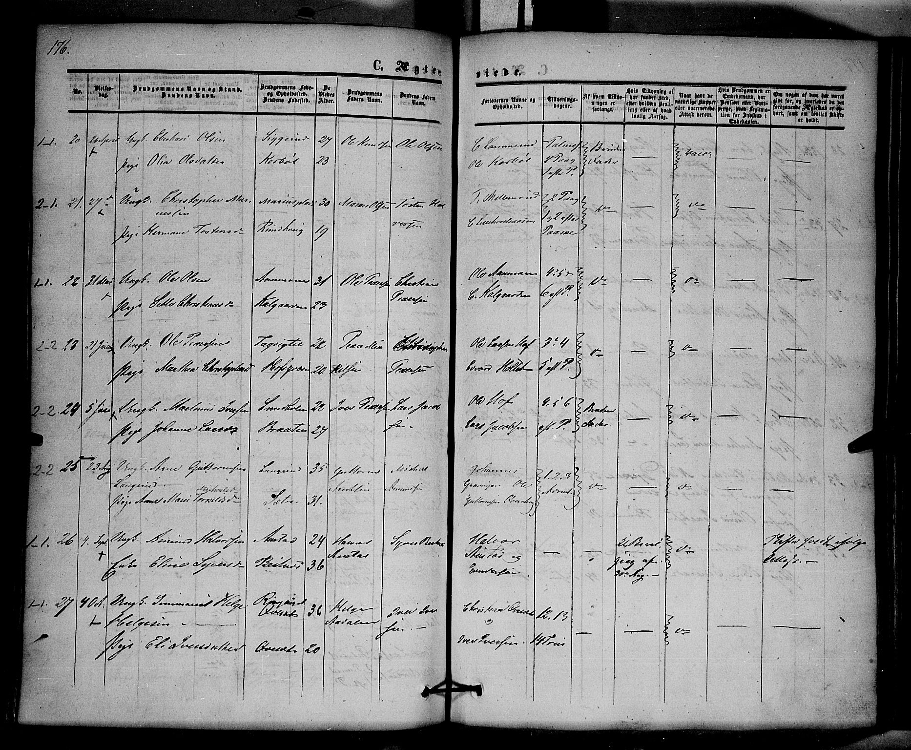 Hof prestekontor, SAH/PREST-038/H/Ha/Haa/L0008: Parish register (official) no. 8, 1849-1861, p. 176