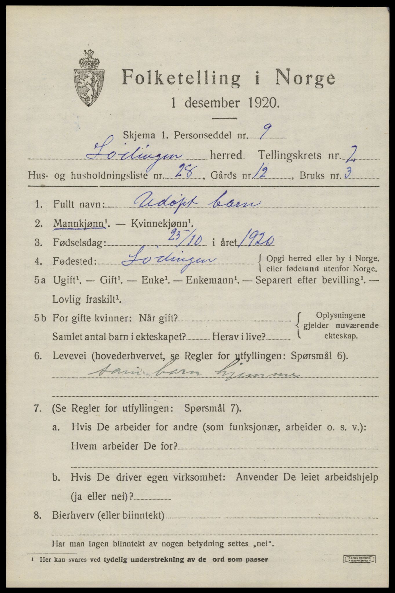 SAT, 1920 census for Lødingen, 1920, p. 2005
