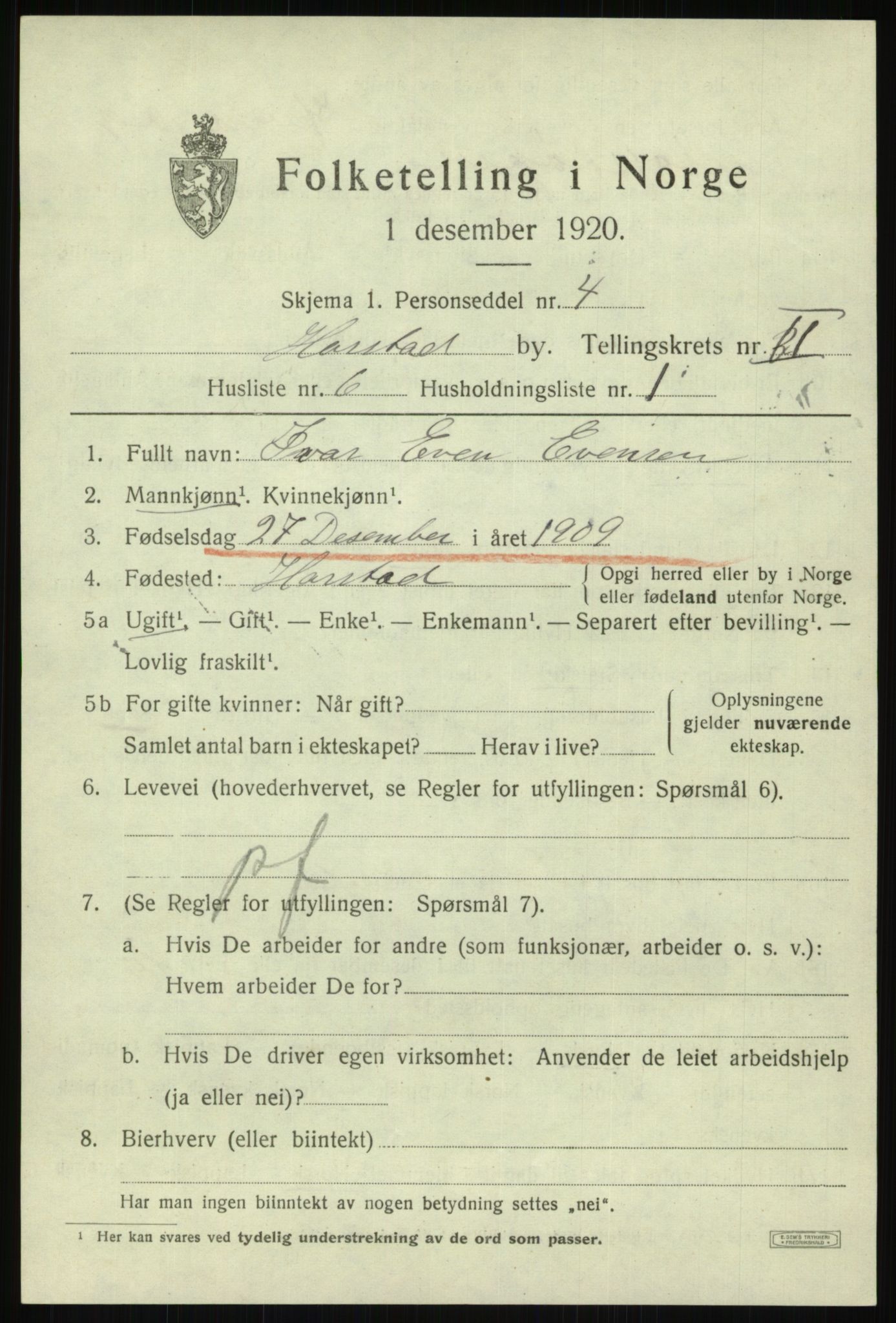 SATØ, 1920 census for Harstad, 1920, p. 3084