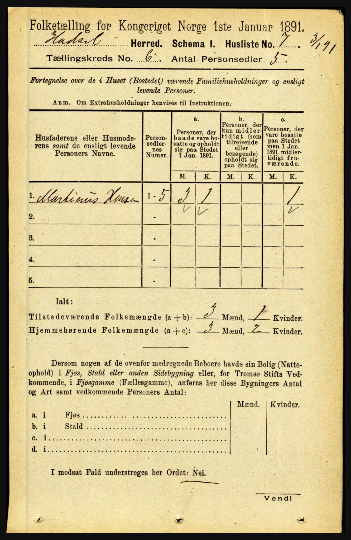 RA, 1891 census for 1866 Hadsel, 1891, p. 2586