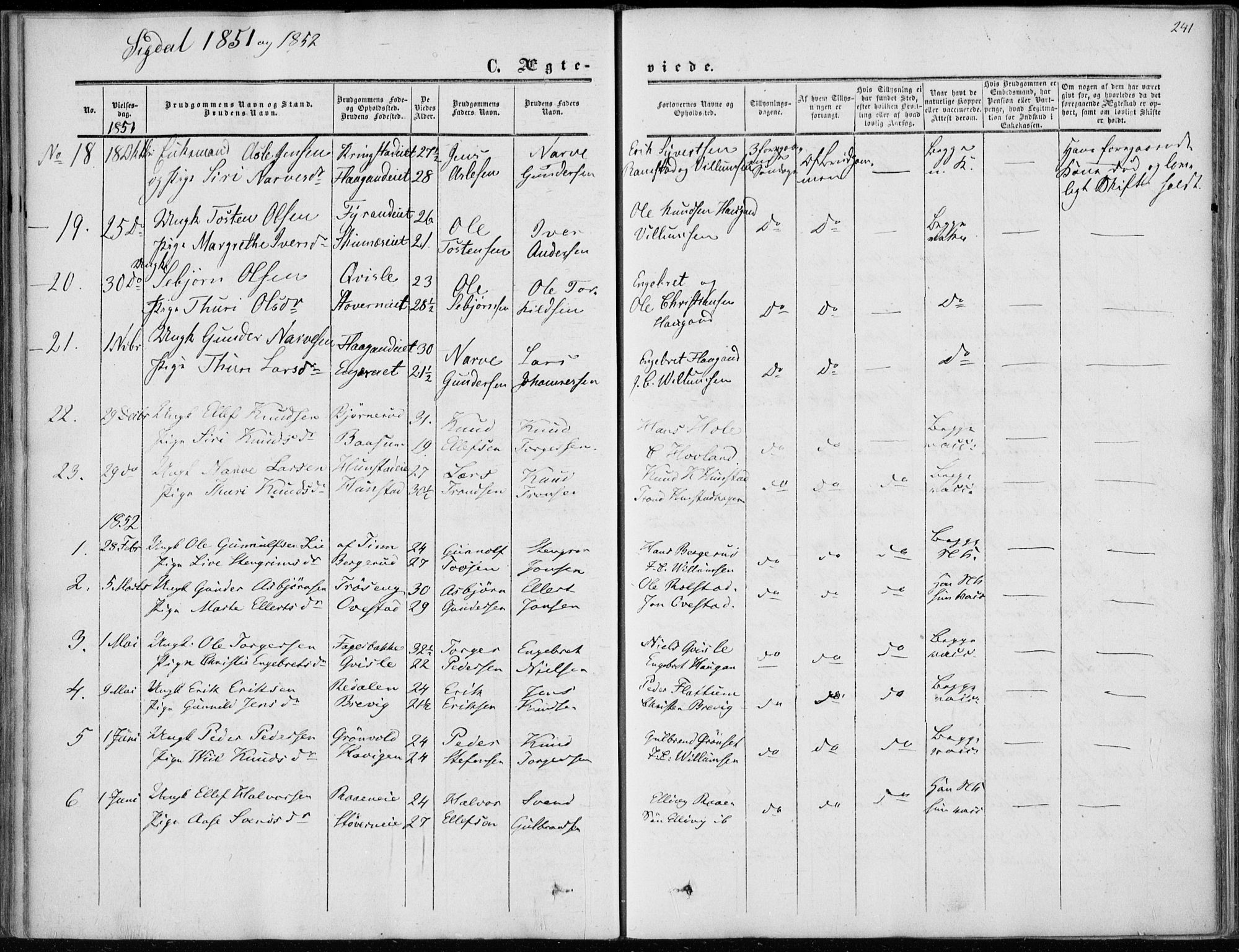 Sigdal kirkebøker, SAKO/A-245/F/Fa/L0008: Parish register (official) no. I 8, 1850-1859, p. 241
