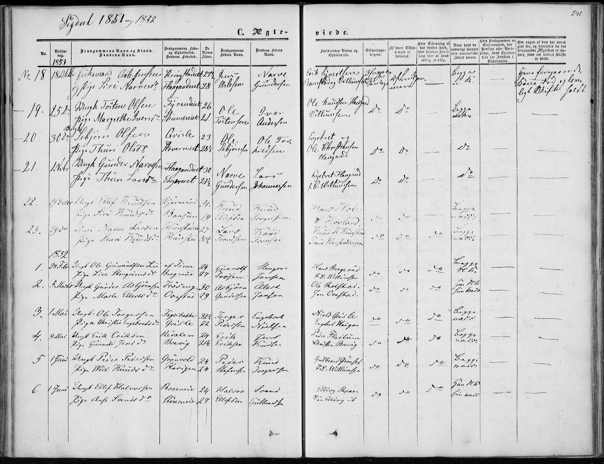 Sigdal kirkebøker, AV/SAKO-A-245/F/Fa/L0008: Parish register (official) no. I 8, 1850-1859, p. 241