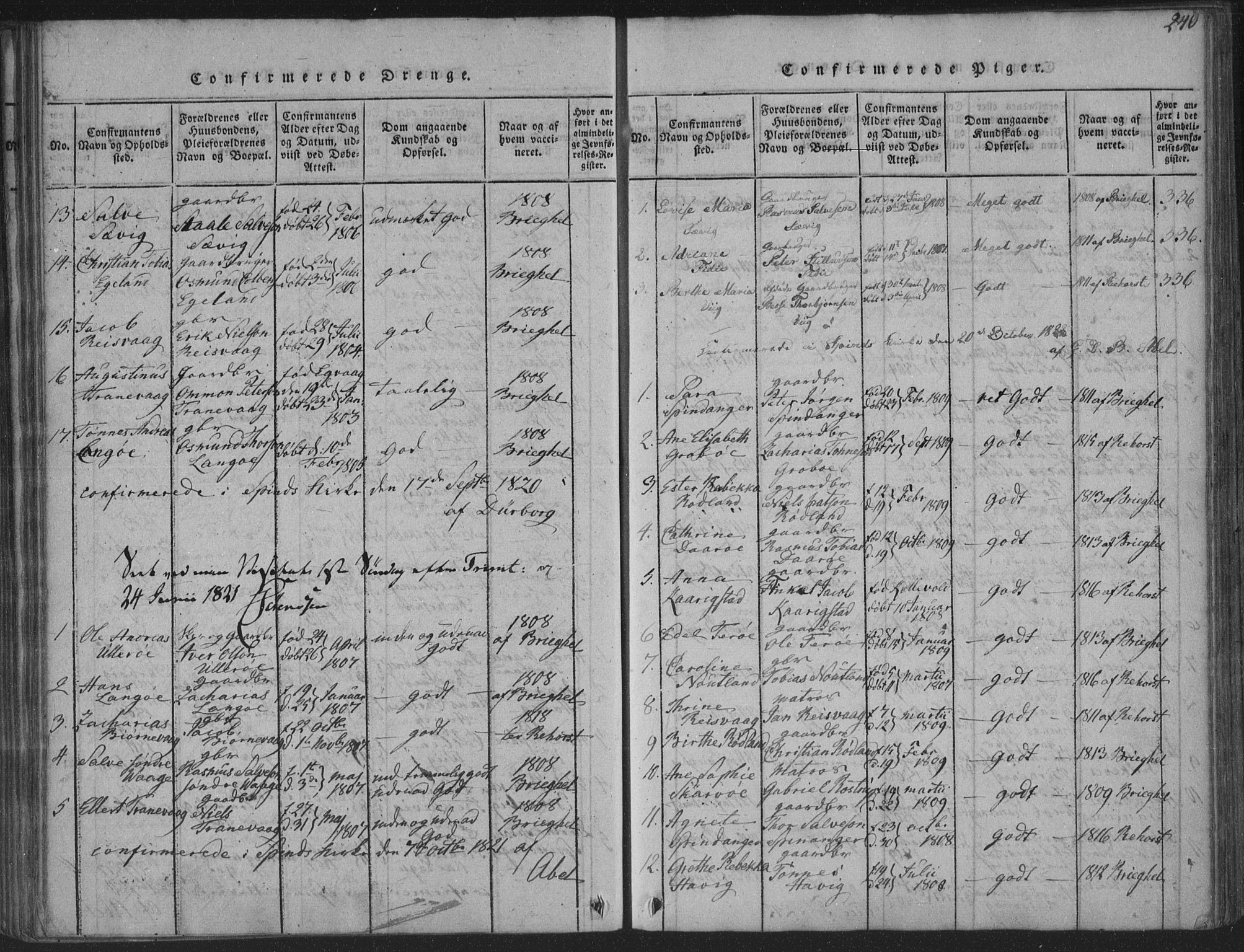Herad sokneprestkontor, SAK/1111-0018/F/Fa/Fab/L0002: Parish register (official) no. A 2, 1816-1844, p. 240