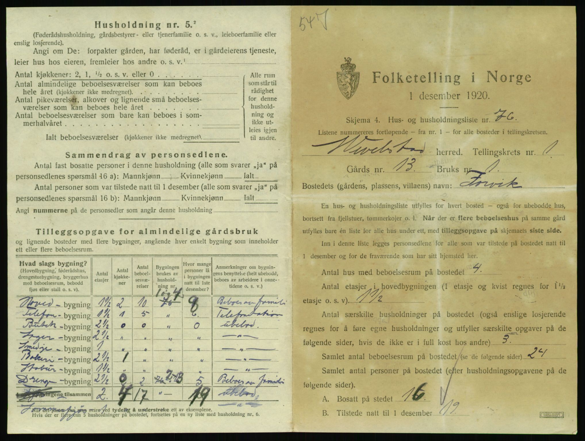 SAT, 1920 census for Vevelstad, 1920, p. 170