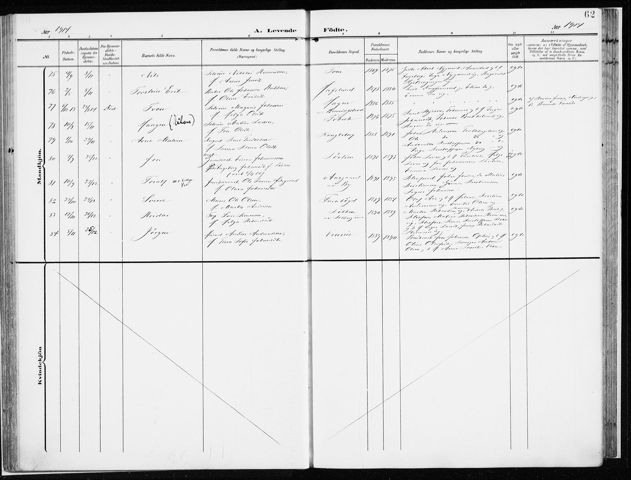 Løten prestekontor, AV/SAH-PREST-022/K/Ka/L0011: Parish register (official) no. 11, 1908-1917, p. 62