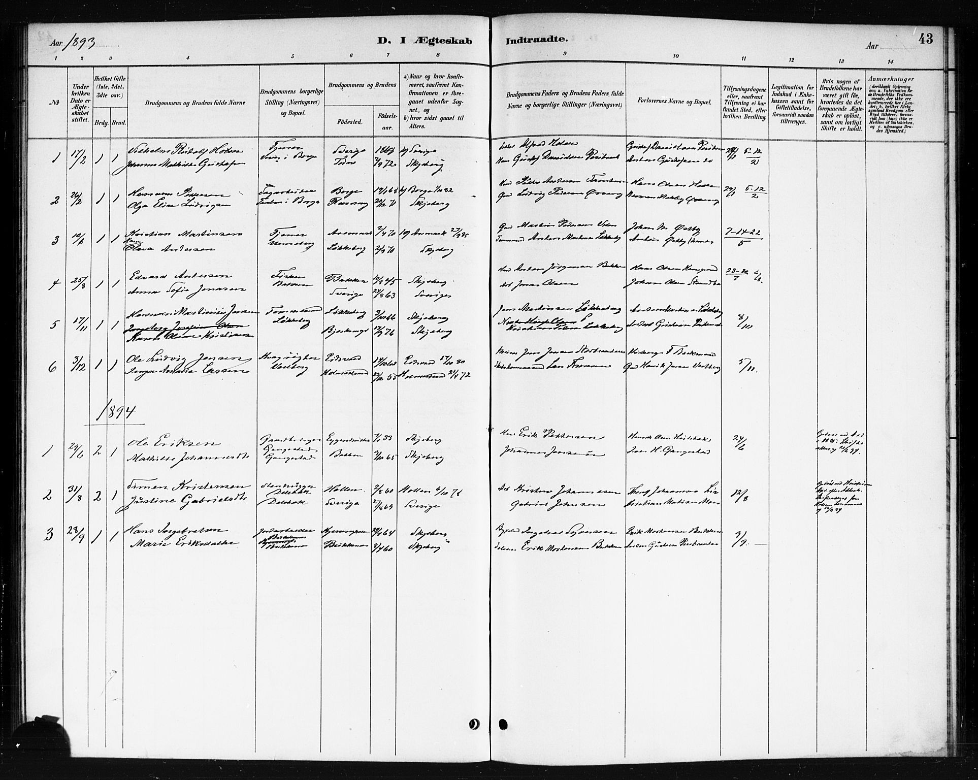Skjeberg prestekontor Kirkebøker, SAO/A-10923/F/Fb/L0001: Parish register (official) no. II 1, 1886-1894, p. 43