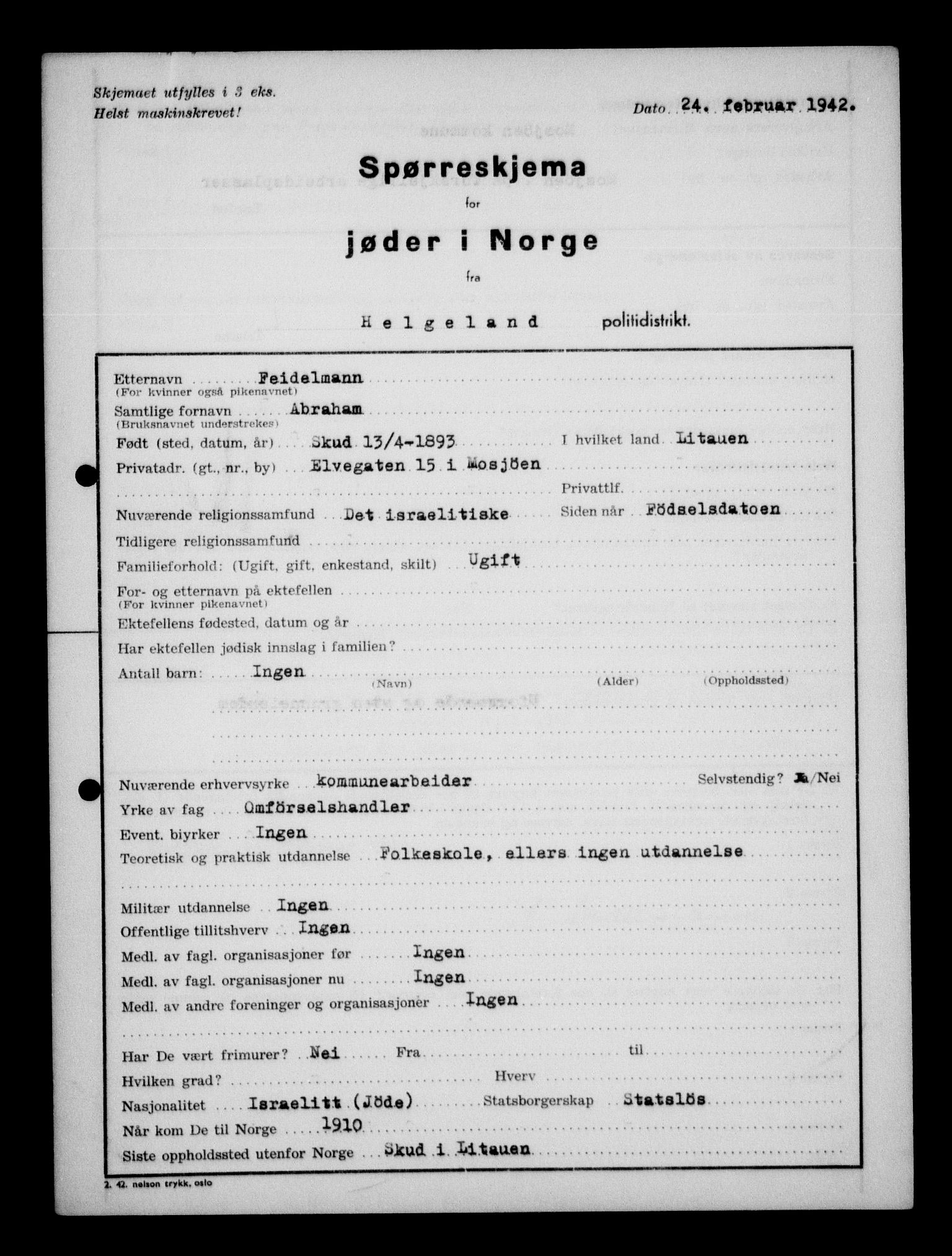 Statspolitiet - Hovedkontoret / Osloavdelingen, AV/RA-S-1329/G/Ga/L0012: Spørreskjema for jøder i Norge. 1: Aker 114- 207 (Levinson-Wozak) og 656 (Salomon). 2: Arendal-Hordaland. 3: Horten-Romerike.  , 1942, p. 595