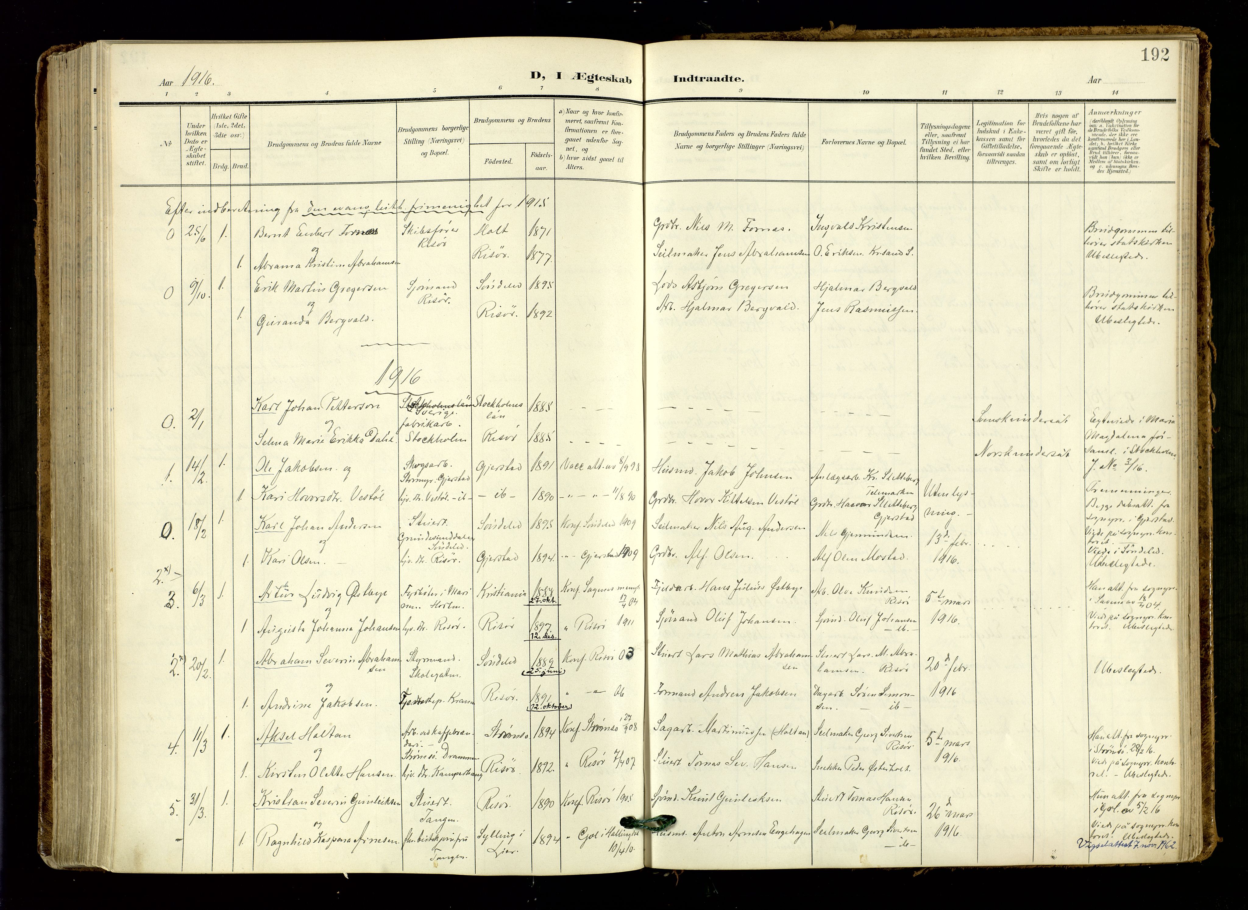 Risør sokneprestkontor, SAK/1111-0035/F/Fa/L0011: Parish register (official) no. A 11, 1907-1920, p. 192