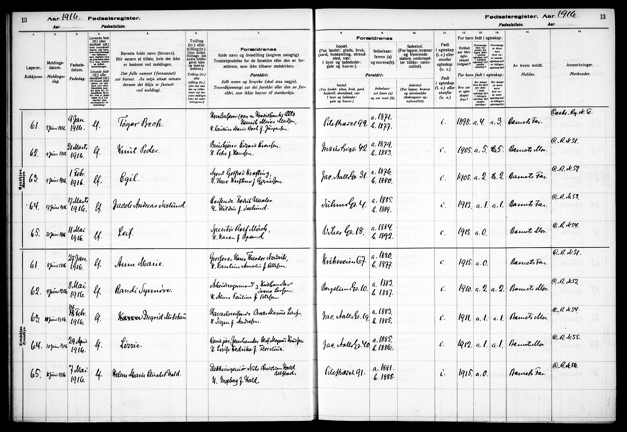 Fagerborg prestekontor Kirkebøker, SAO/A-10844/J/Ja/L0001: Birth register no. 1, 1916-1925, p. 13