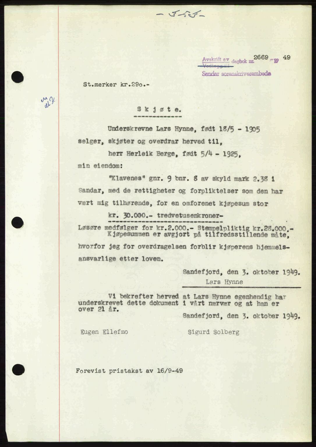 Sandar sorenskriveri, SAKO/A-86/G/Ga/Gaa/L0019: Mortgage book no. A-19, 1949-1949, Diary no: : 2669/1949