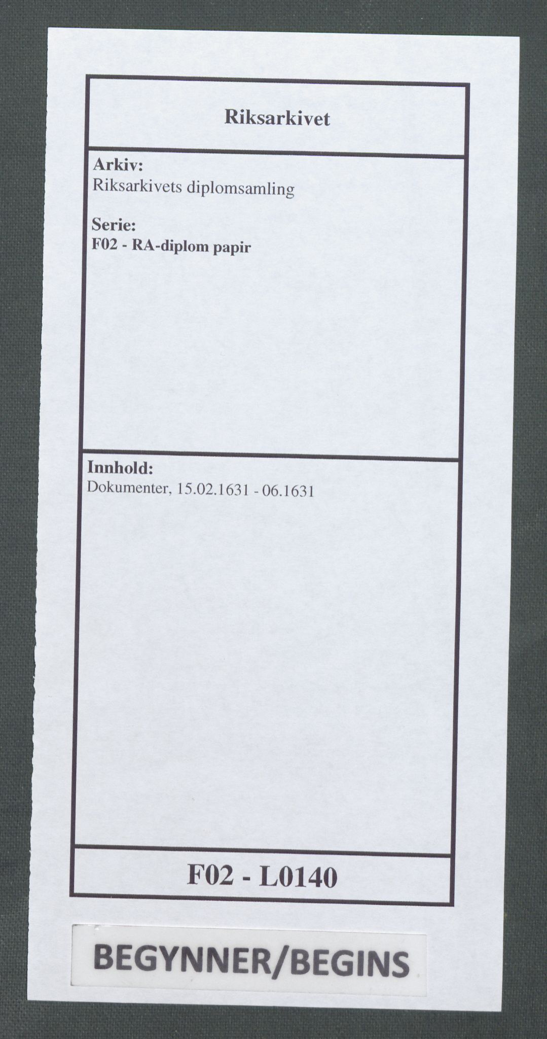 Riksarkivets diplomsamling, AV/RA-EA-5965/F02/L0140: Dokumenter, 1631, p. 1