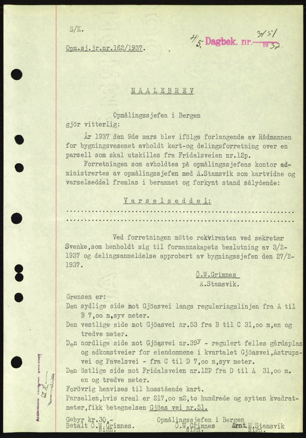 Byfogd og Byskriver i Bergen, SAB/A-3401/03/03Bc/L0004: Mortgage book no. A3-4, 1936-1937, Diary no: : 3151/1937